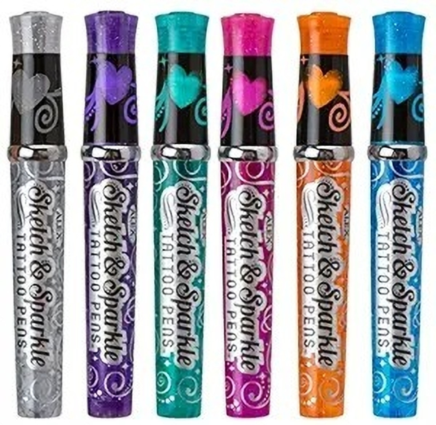 Image of kityshop Sketch and Sparkle Tattoo Pens Activity toy Set with Stencils for kids(Set of 6 Curved Nib Nib Sketch Pens