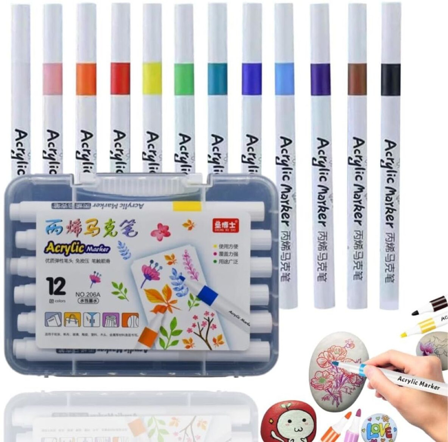 Image of koccido 12 Pcs Acrylic Paint Marker Pens for Rock Painting, Glass, Wood, Fabric DIY Crafts, Drawing & Sketching - Quick Dry, Non-Toxic, Water-Based Ink Nib Sketch Pens