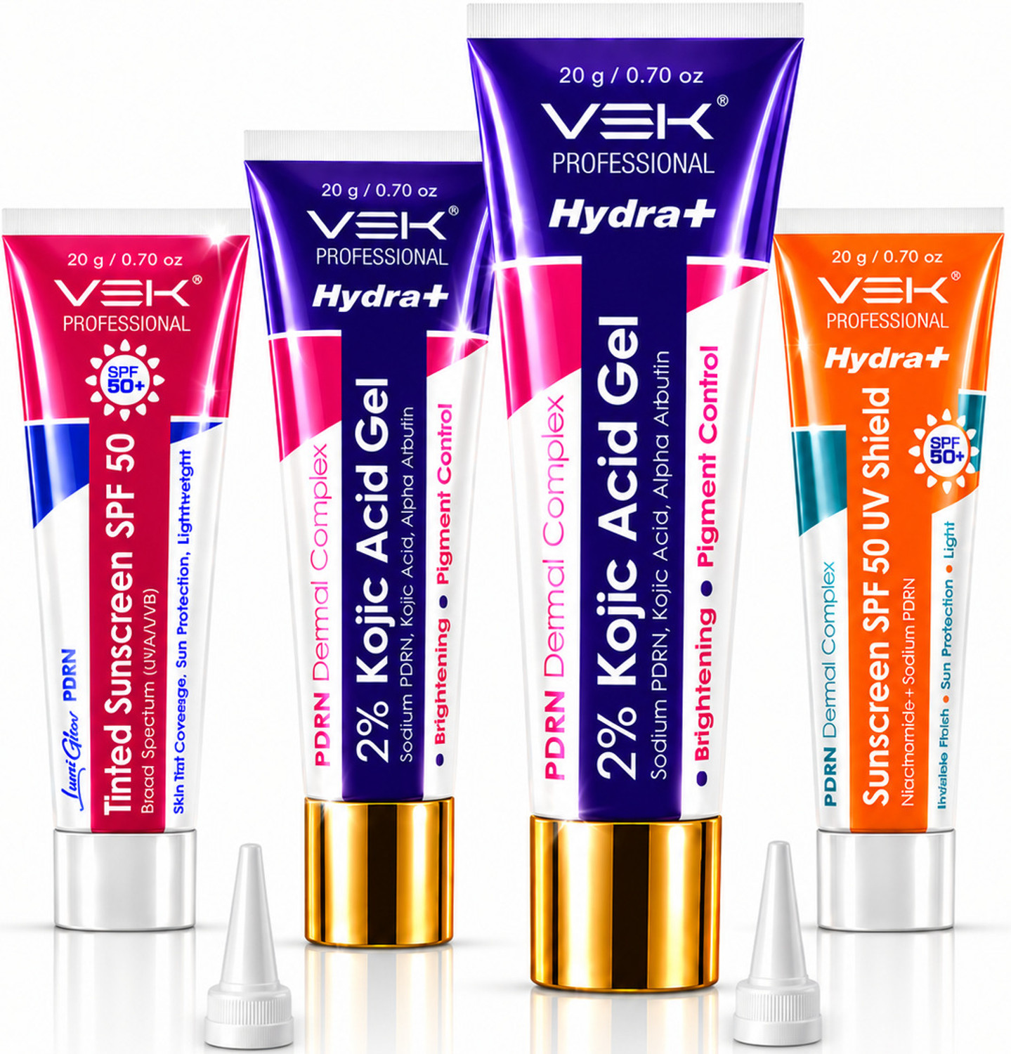 Image of Vsk Professionals Hydrate 2% Kojic Acid Serum in Gel with PDRN Dermal Complex, Glow Sunscreen & Tinted Sunscreen SPF 50+ | Alpha Arbutin Brightening Treatment for Dark Spots, Melasma & Uneven Skin Tone | Lightweight Non-Greasy Daily Use Combo |4 Tubes 20g