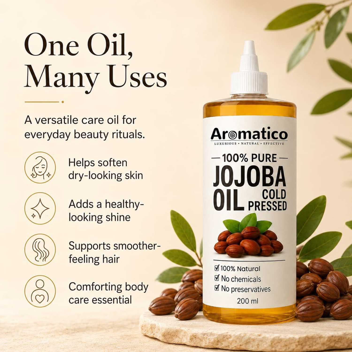 Image of Aromatico 100% Pure Cold Pressed Jojoba Oil for Nourishing Hair Growth and Glowing Skin