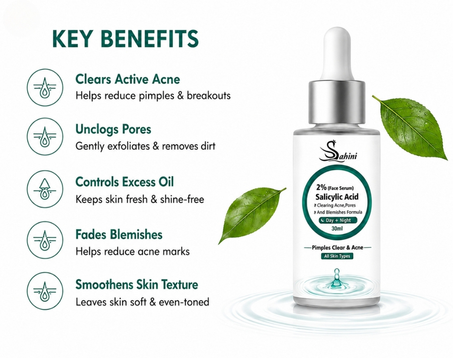 Image of sahini 2% Salicylic Acid Face Serum for Acne, Pimples, Pores & Blemishes | Face Serum for Oily & All Skin Types | Day & Night Use