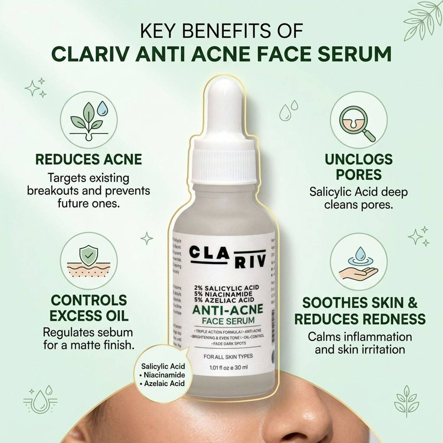 CLARIV Anti-Acne Serum with Niacinamide, Salicylic & Azelaic Acid - Image 3