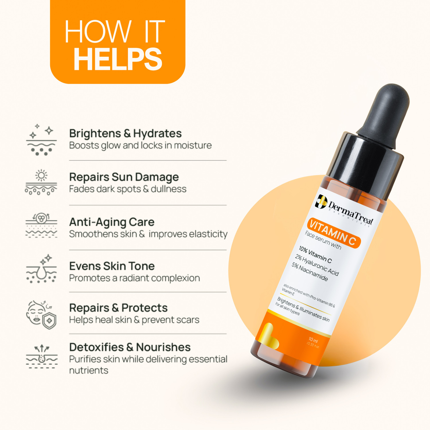 Image of DermaTreat Essentials 10% Vitamin C Face Serum with Niacinamide & Hyaluronic Acid | Reduces Dark Spots & Treats Pigmentation | For Glowing Skin