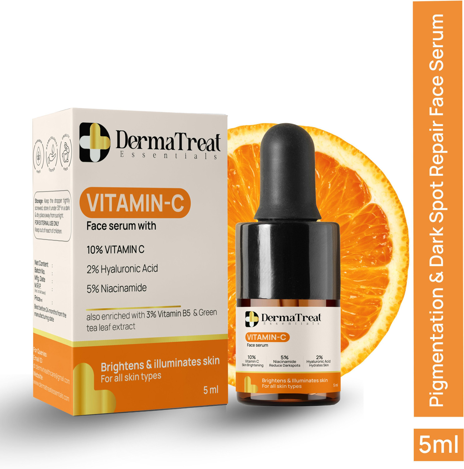 Image of DermaTreat Essentials DermaTreat Essentials 10% Vitamin C Face Serum with Niacinamide & Hyaluronic Acid | Reduces Dark Spots & Treats Pigmentation | For Glowing Skin