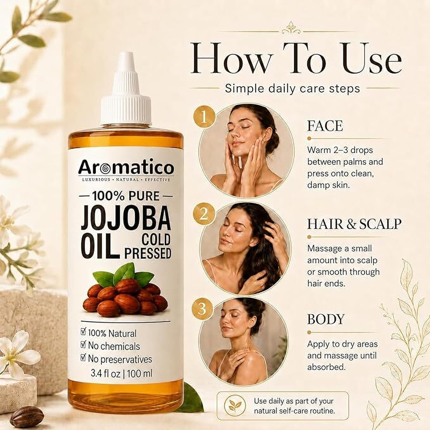 Image of Aromatico 100% Pure Cold Pressed Jojoba Oil for Nourishing Hair Growth and Glowing Skin