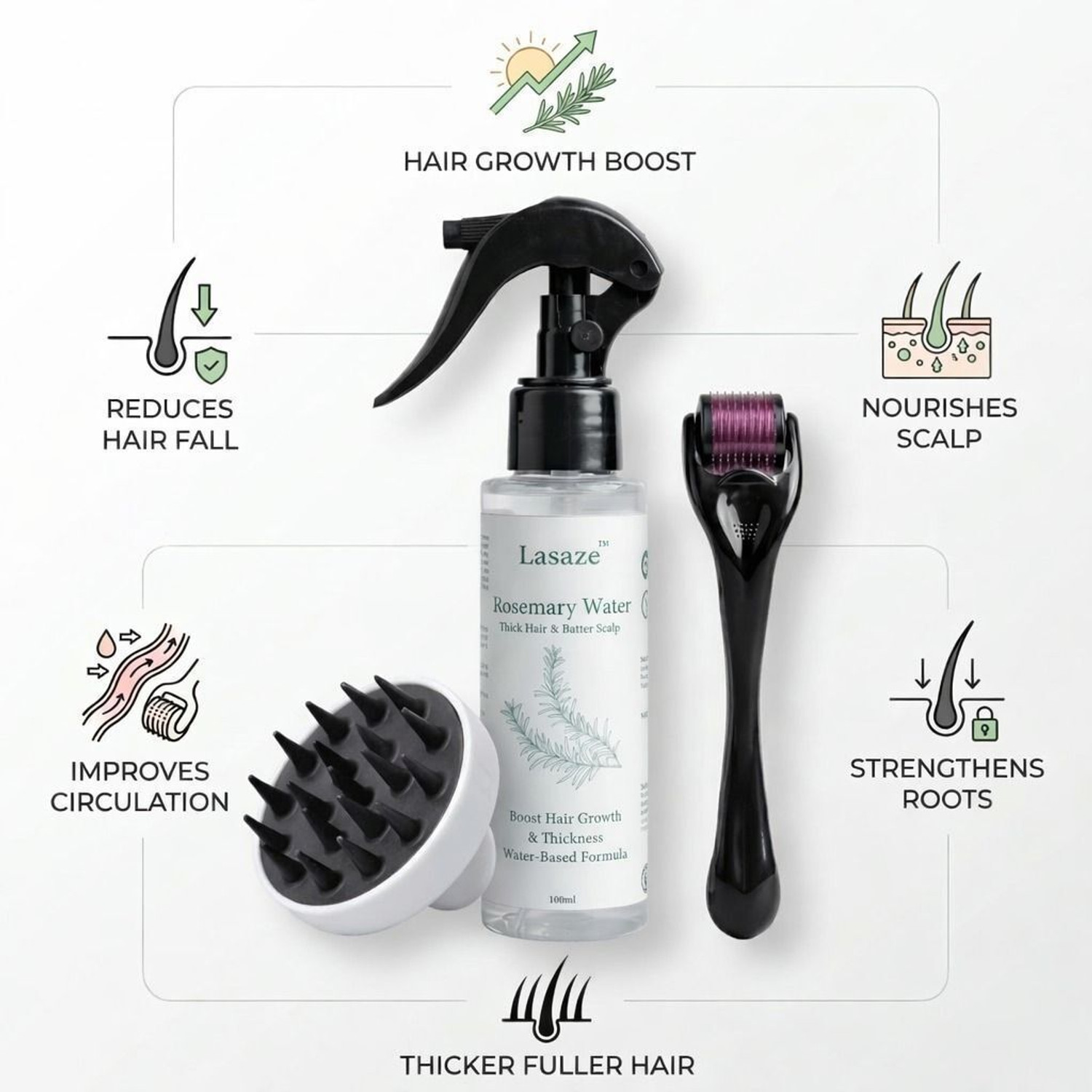 Image of Lasaze Scalp Therapy Set Rosemary Spray Massager and Micro needling Roller