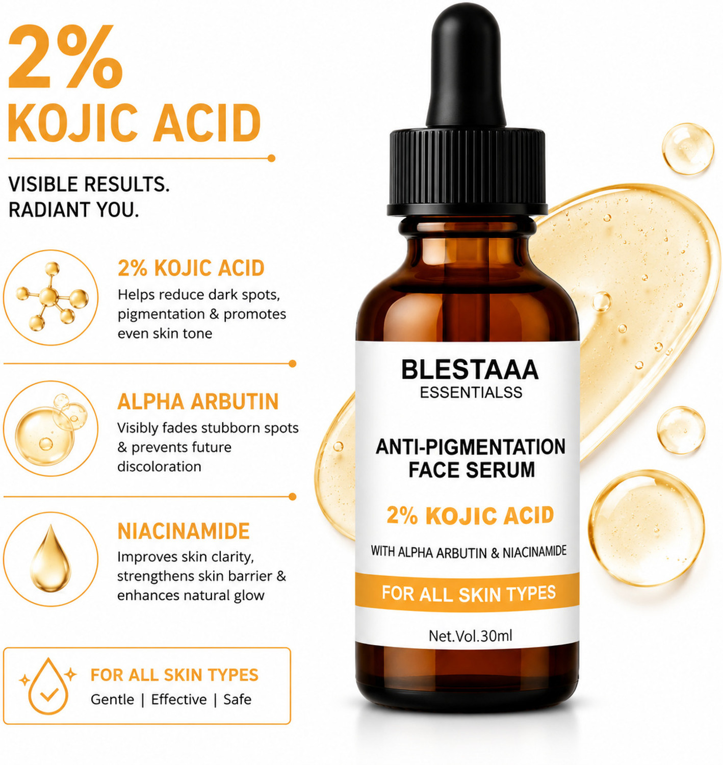 Image of blestaaa essentialss 2% Kojic Acid + Alpha Arbutin With Niacinamide Serum | Brightening & Spot Correction | Treats Hyperpigmentation & Acne Scars