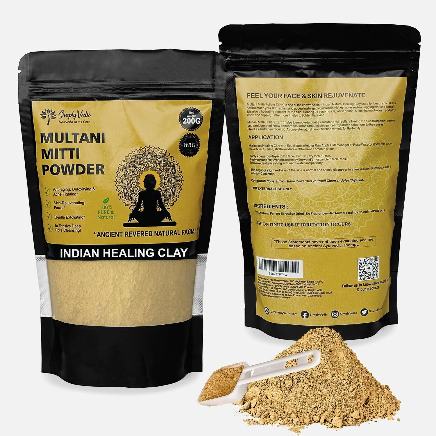 Image of Simply Vedic Simply Vedic 100% Natural Multani Mitti Powder Face Pack (200Gms-Pack2)| For Exfoliating Soothing Nourishing Face, Skin & Hair| Indian Healing Clay /Calcium Bentonite Clay /Fuller's Earth /Body Mask