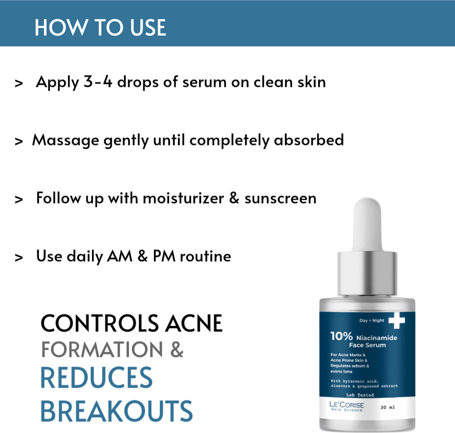 Image of Le'Corise 10% Niacinamide Face Serum for Acne Marks, Blemishes & Oil Balancing with Hyaluronic Acid | Skin Clarifying Anti Acne Serum for Oily & Acne Prone Skin For Men and Women All Skin Type |