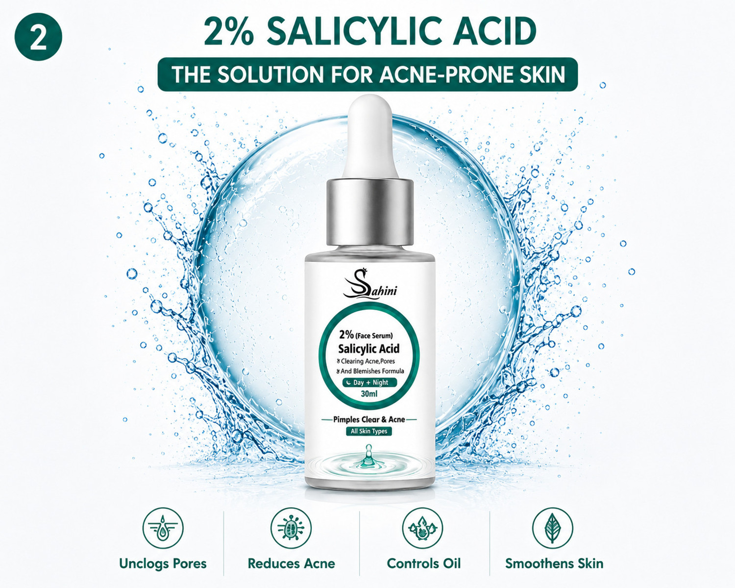 Image of sahini 2% Salicylic Acid Face Serum for Acne, Pore Cleansing & Blemish Removal | Day & Night Use | For All Skin Types