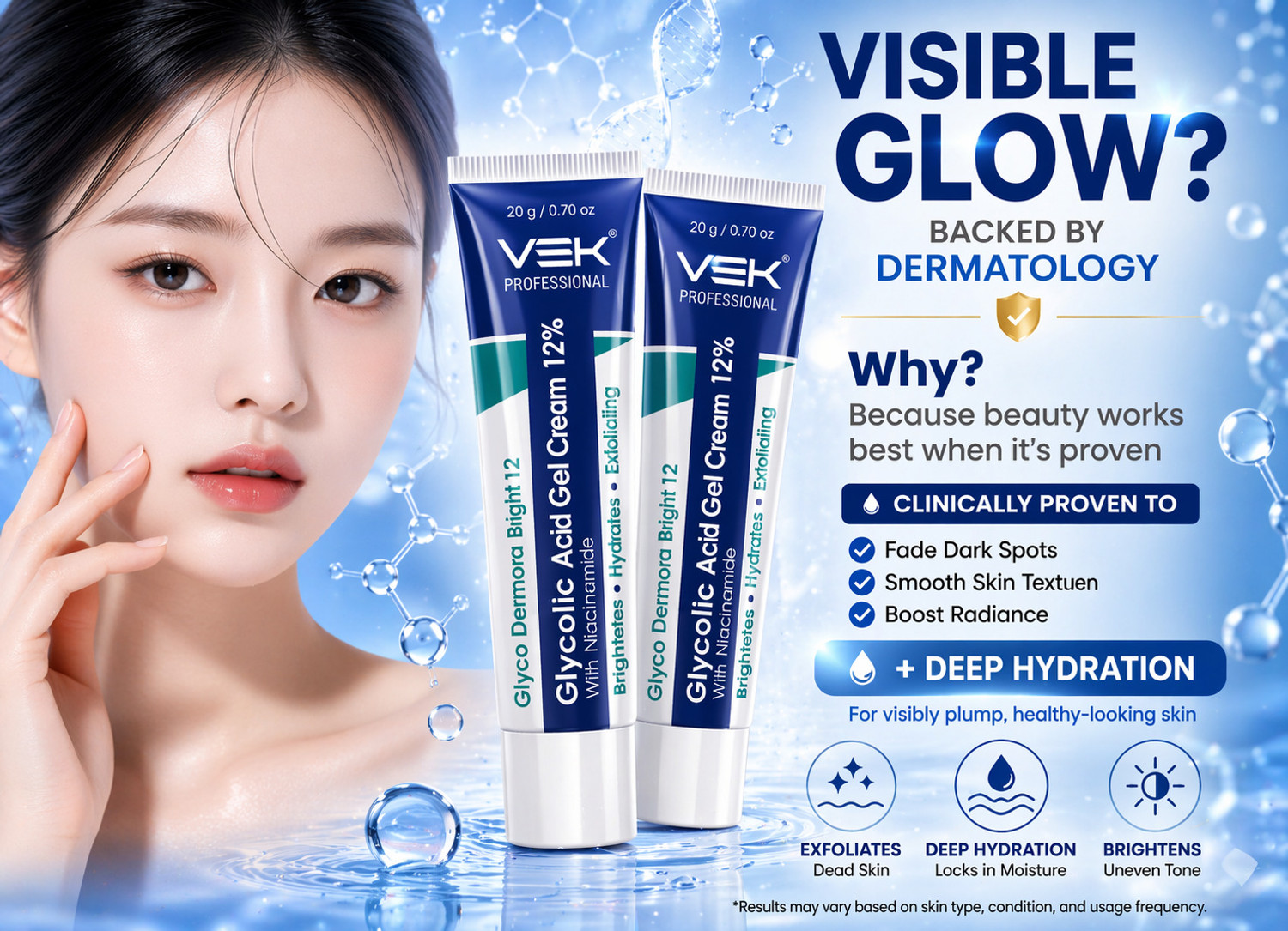 Image of Vsk Professionals 12% Glycolic Acid Cream Gel for Brightning, Anti-Pigmentation & Melasma Acne, Pimples & Dark Spots | Unclogs Pores, Smooth Skin Care With PDRN SPF50 Sunscreen Combo 4 Tubes 20g each (80grm)