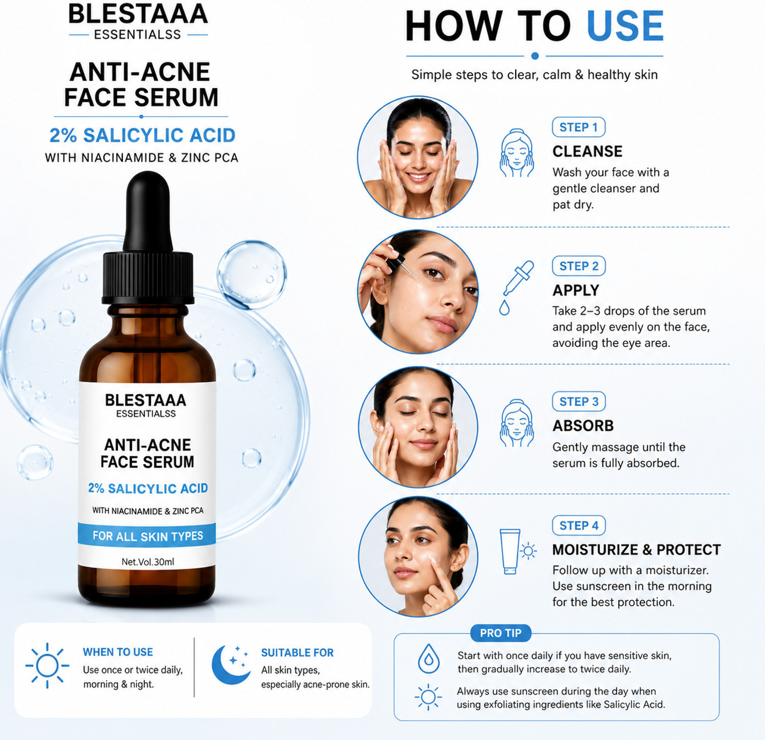 Image of blestaaa essentialss 2% Salicylic Acid AcneClear Face Serum with Niacinamide & Zinc PCA | Oil Control, Pore Cleansing & Acne Reduction | For Oily & Acne-Prone Skin