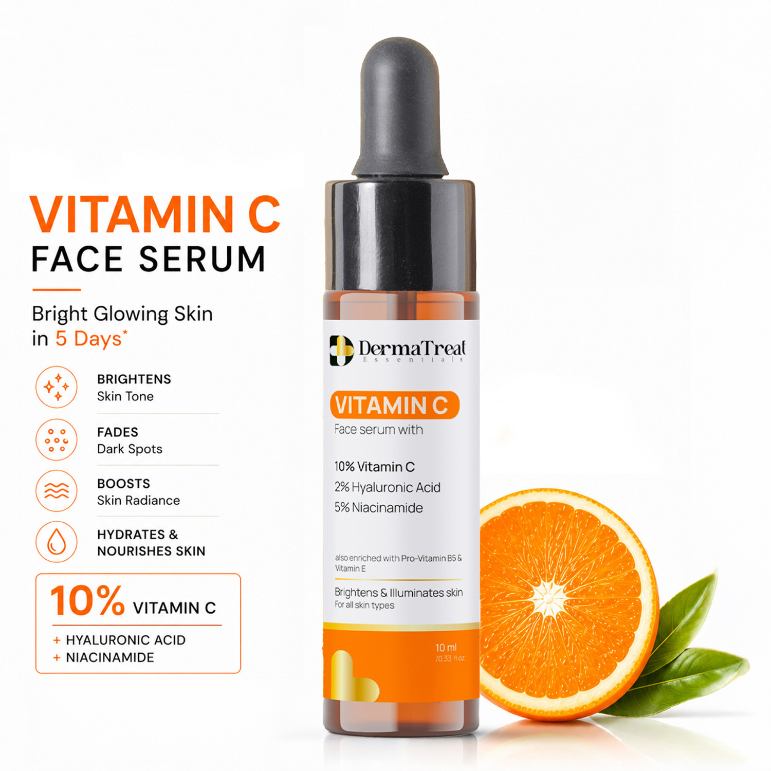 Image of DermaTreat Essentials 10% Vitamin C Face Serum with Niacinamide & Hyaluronic Acid | Reduces Dark Spots & Treats Pigmentation | For Glowing Skin