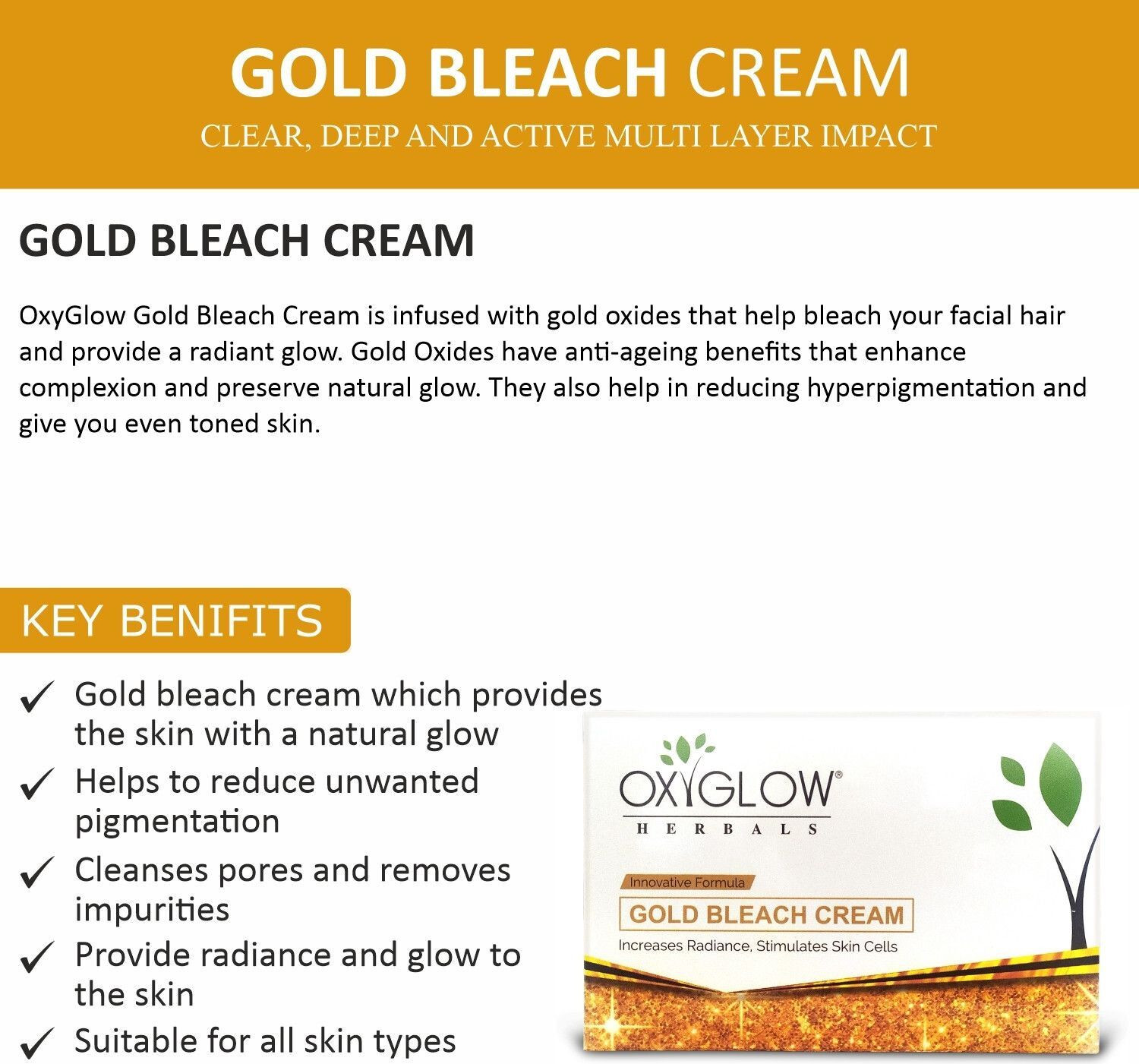 Image of oxy glow herbals Gold Bleach Cream 300gm Increase Radiance Stimulates Skin Cells