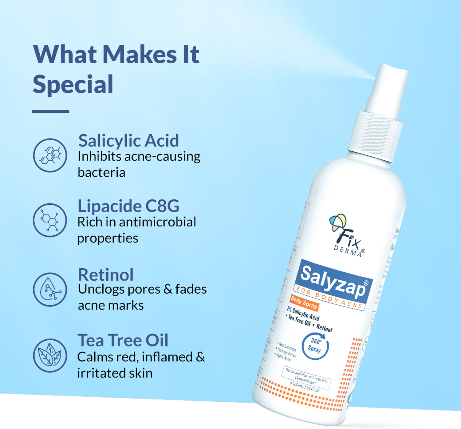 Image of Fixderma 2% Salicylic Acid Salyzap Body Acne Spray For Acne on Back, Shoulders & Chest