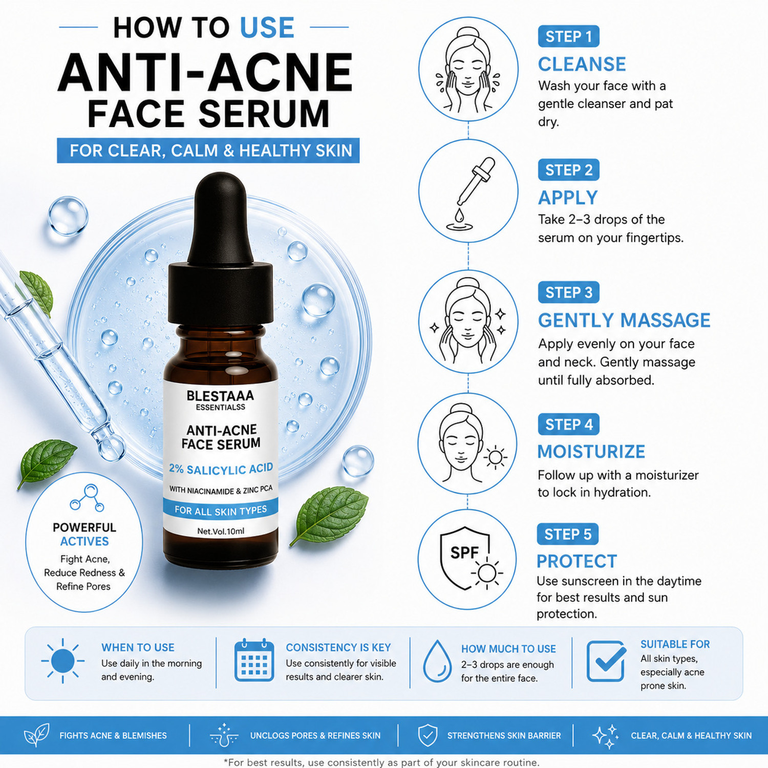 Image of blestaaa essentialss 2% Salicylic Acid AcneClear Face Serum with Niacinamide & Zinc PCA | Oil Control, Pore Cleansing & Acne Reduction | For Oily & Acne-Prone Skin