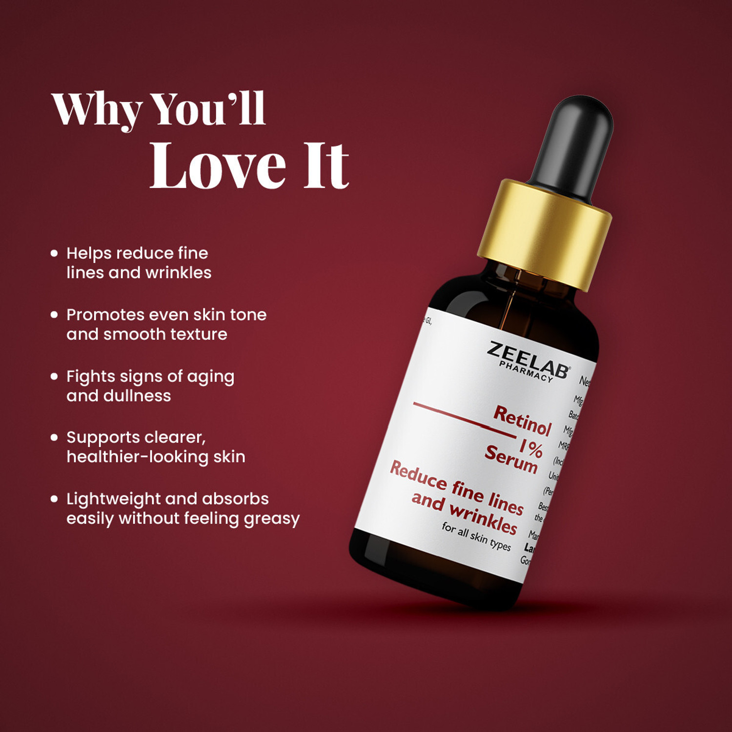 Image of zeelab Retinol 1% Face Serum with Collagen - Retinol Serum for Face, Men & Women | For Oily Skin, Open Pores, Acne, Dark Spots & Wrinkles | Anti-Aging Skin Brightening Formula