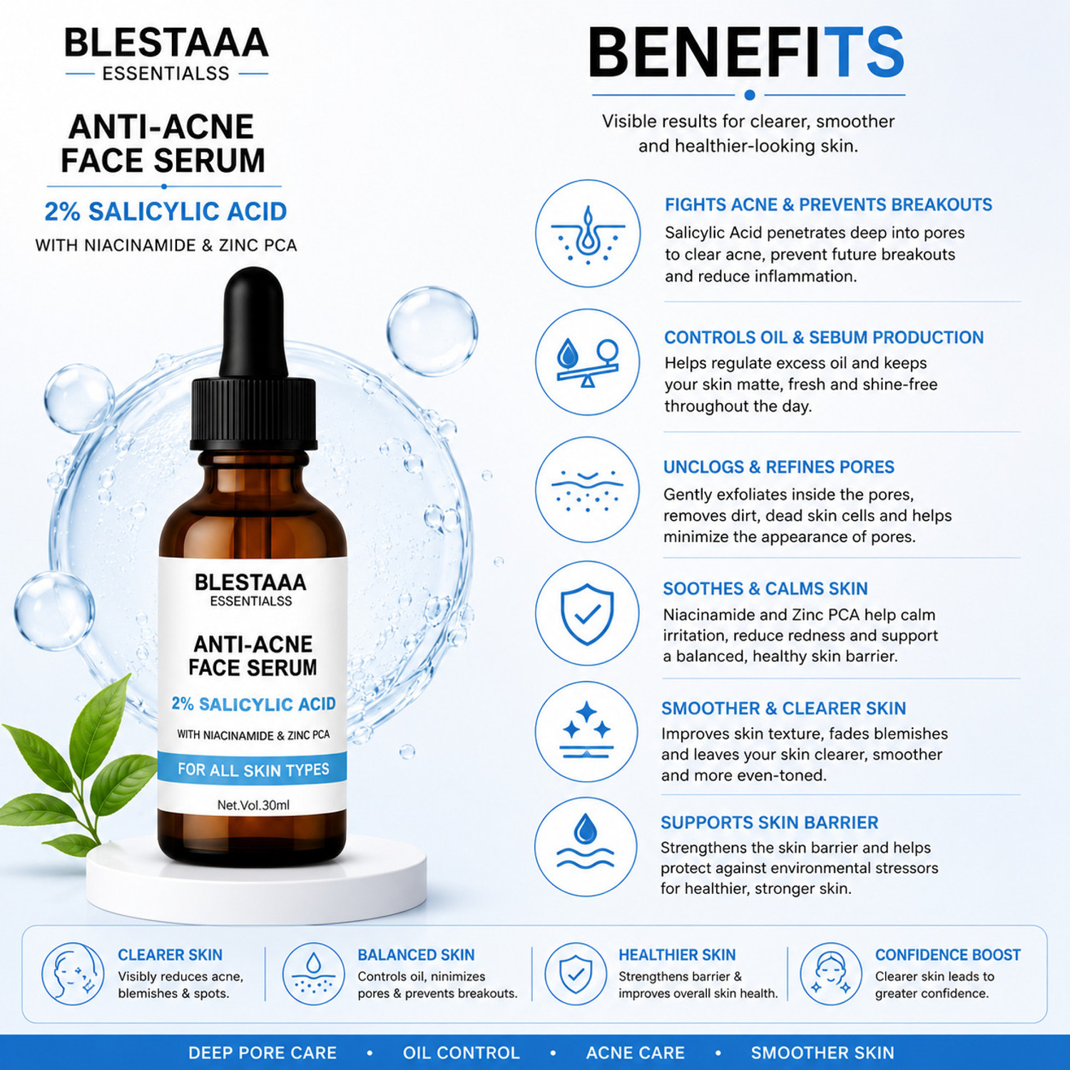 Image of blestaaa essentialss 2% Salicylic Acid AcneClear Face Serum with Niacinamide & Zinc PCA | Oil Control, Pore Cleansing & Acne Reduction | For Oily & Acne-Prone Skin