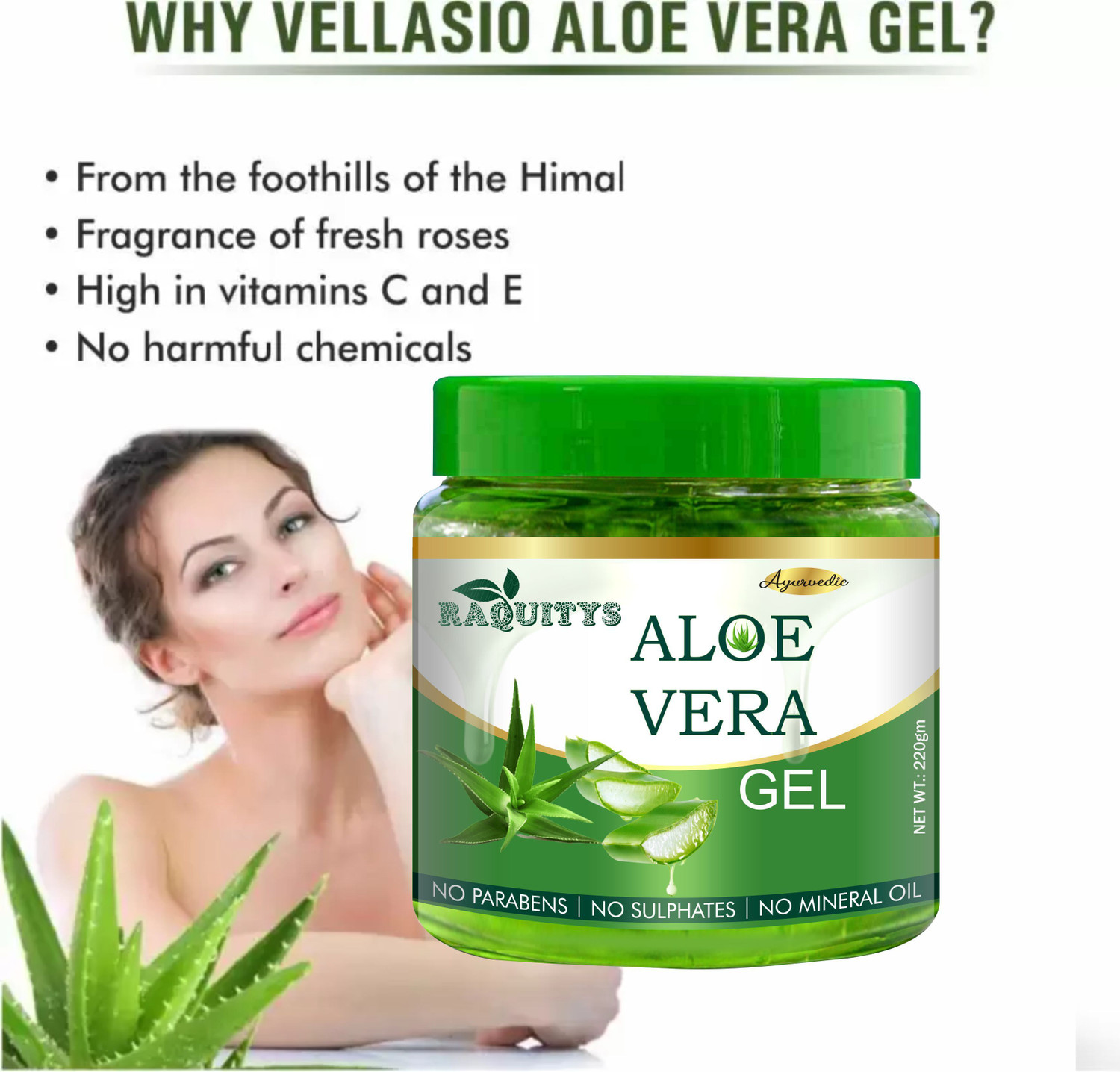 Image of RAQUITYS Aloe Vera Gel for Face and hair, Moisturizing Skin 220GM