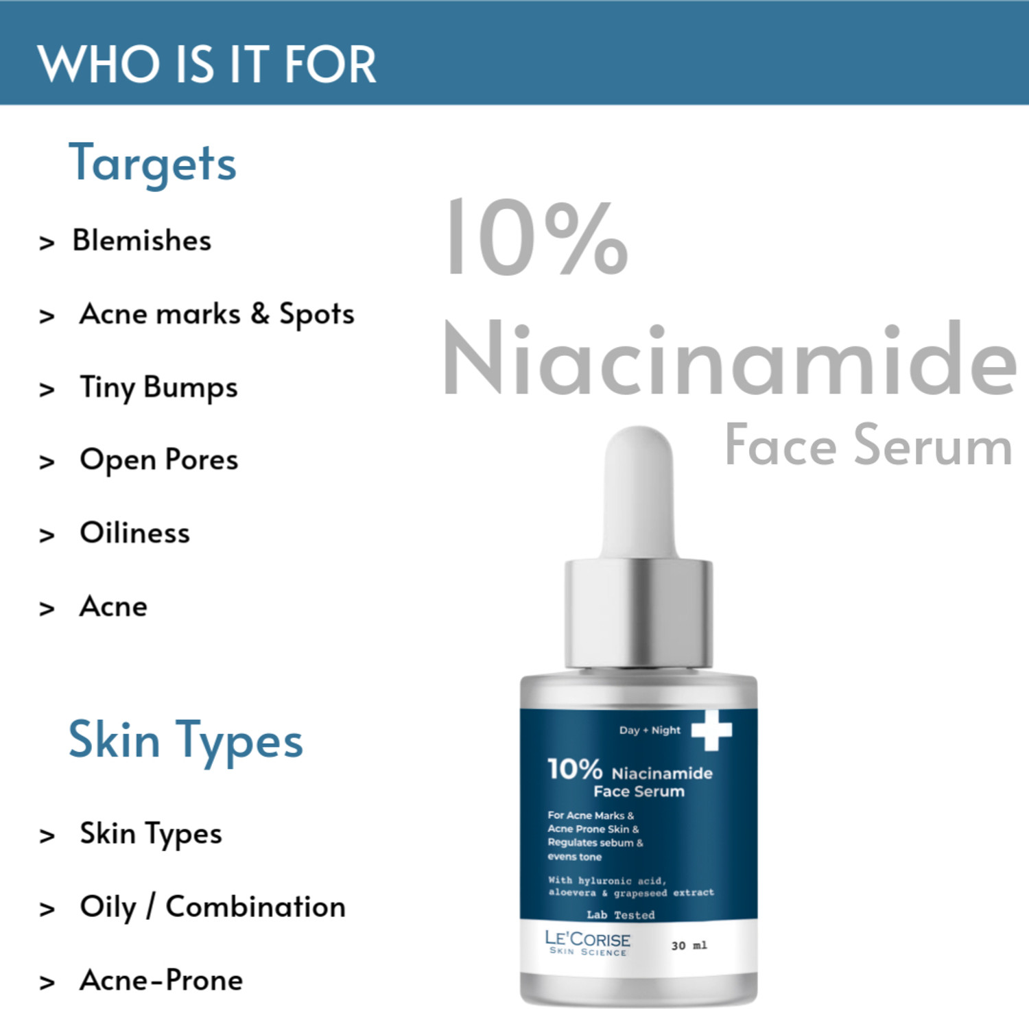 Image of Le'Corise 10% Niacinamide Face Serum for Acne Marks, Blemishes & Oil Balancing with Hyaluronic Acid | Skin Clarifying Anti Acne Serum for Oily & Acne Prone Skin For Men and Women All Skin Type |