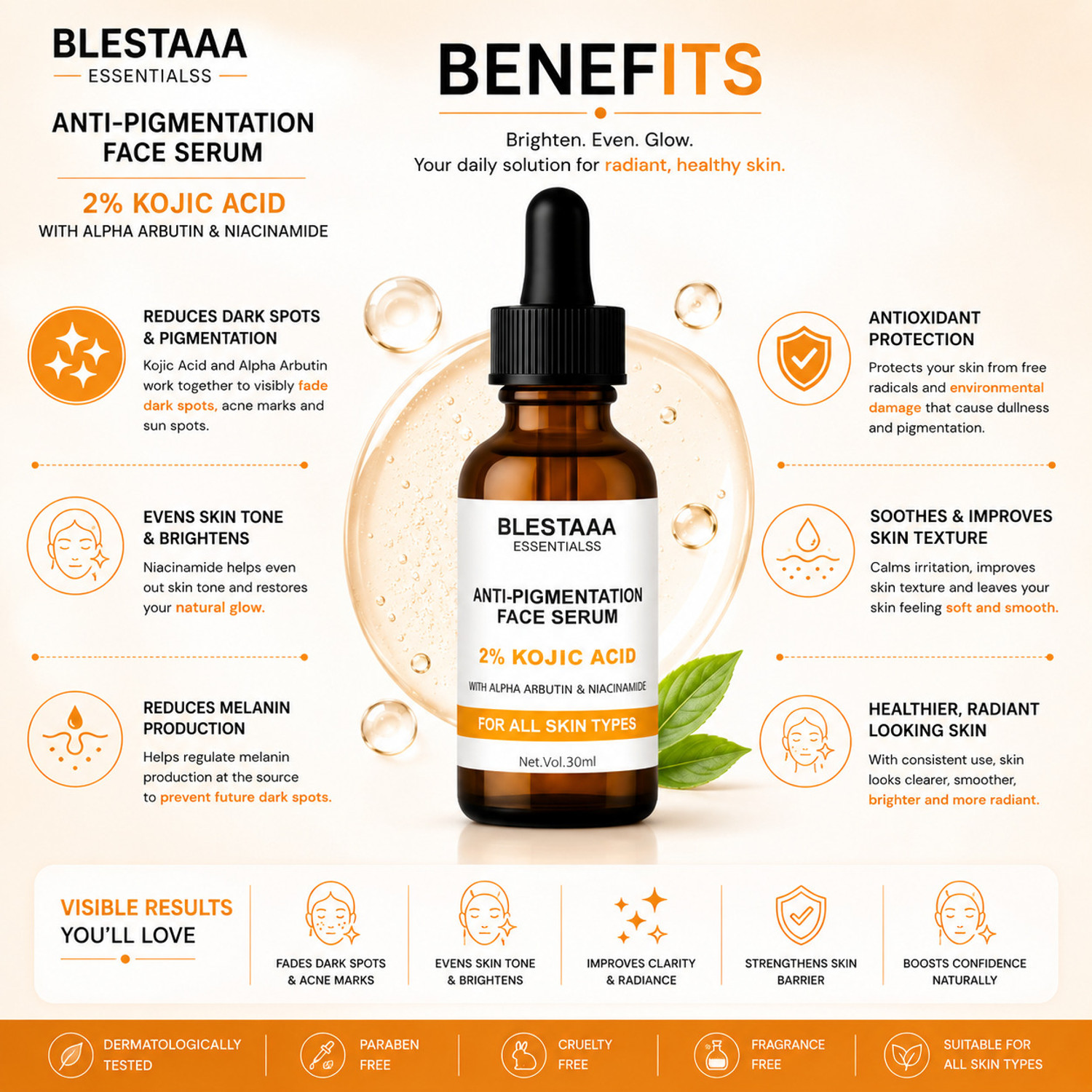 Image of blestaaa essentialss 2% Kojic Acid + Alpha Arbutin With Niacinamide Serum | Brightening & Spot Correction | Treats Hyperpigmentation & Acne Scars