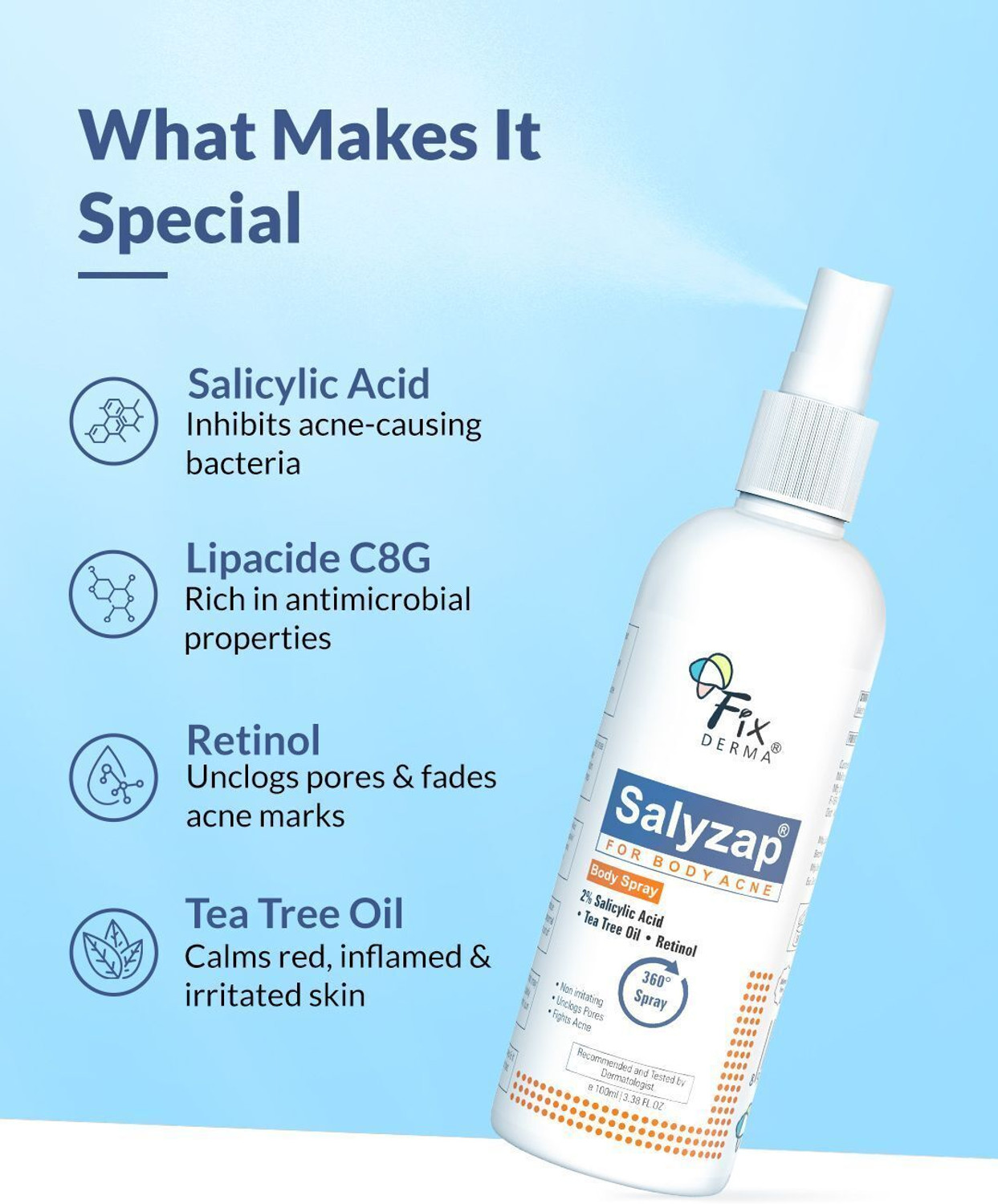 Image of Fixderma 2% Salicylic Acid Salyzap Body Acne Spray For Acne on Back, Shoulders & Chest