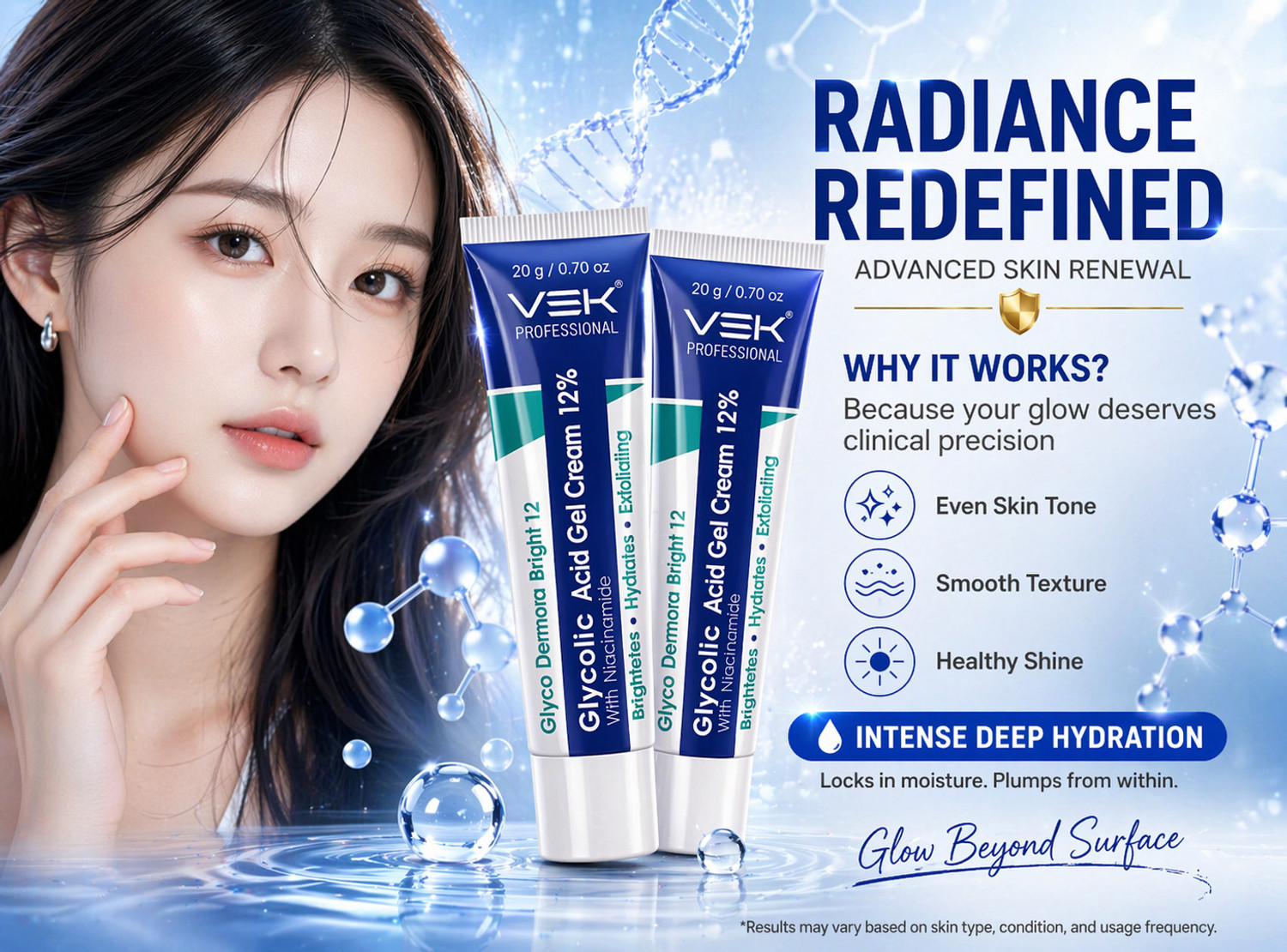 Image of Vsk Professionals 12% Glycolic Acid Cream Gel for Brightning, Anti-Pigmentation & Melasma Acne, Pimples & Dark Spots | Unclogs Pores, Smooth Skin Care With PDRN SPF50 Sunscreen Combo 4 Tubes 20g each (80grm)