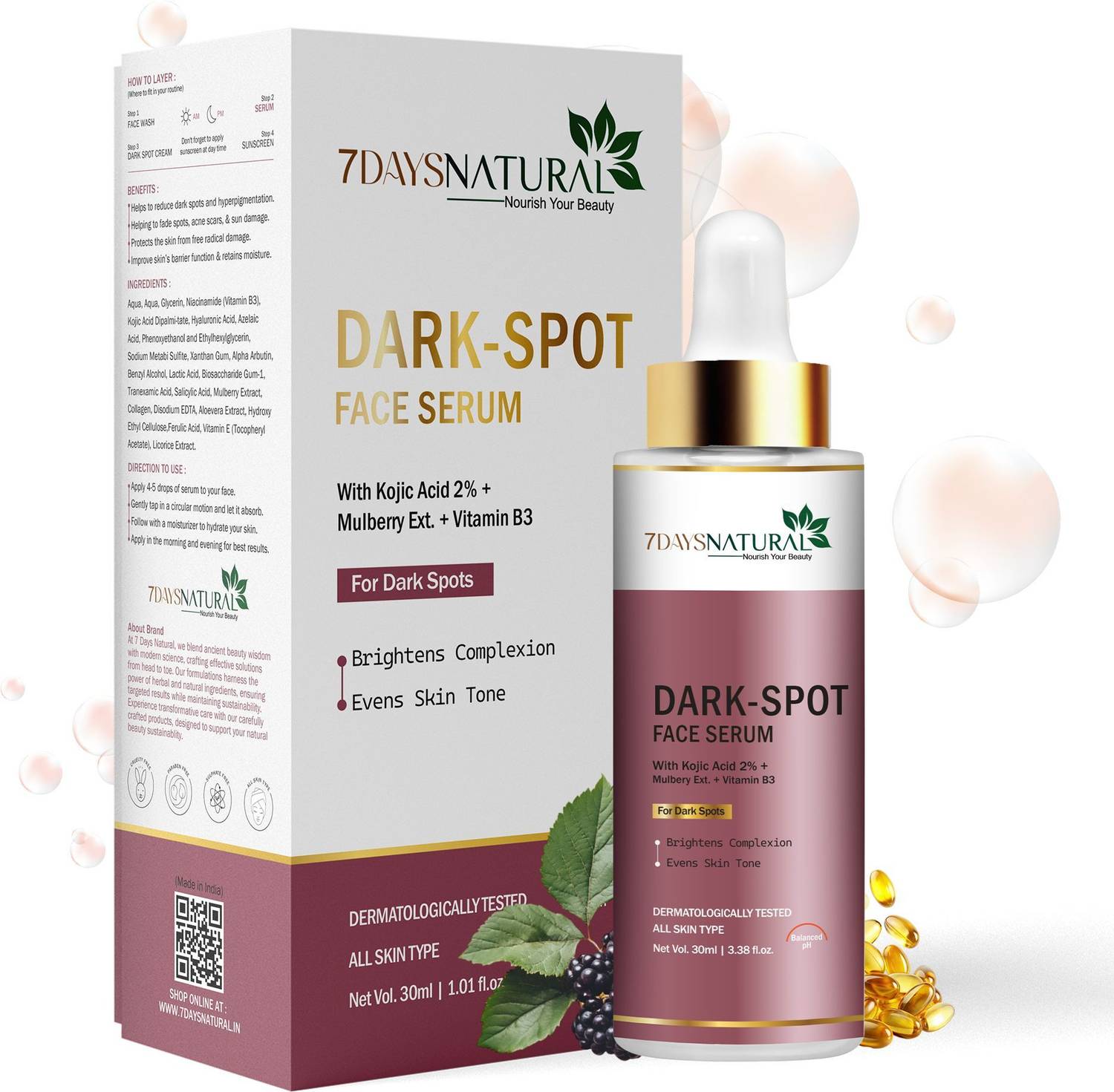 7days natural Ultimate Dark Spot Serum with 2% Kojic acid, Mulberry+ Vit B for Skin Lightening | Dark Spot Remover Serum | Blemish Removal | Acne Scar | | pigmentation Removal Face Serum
