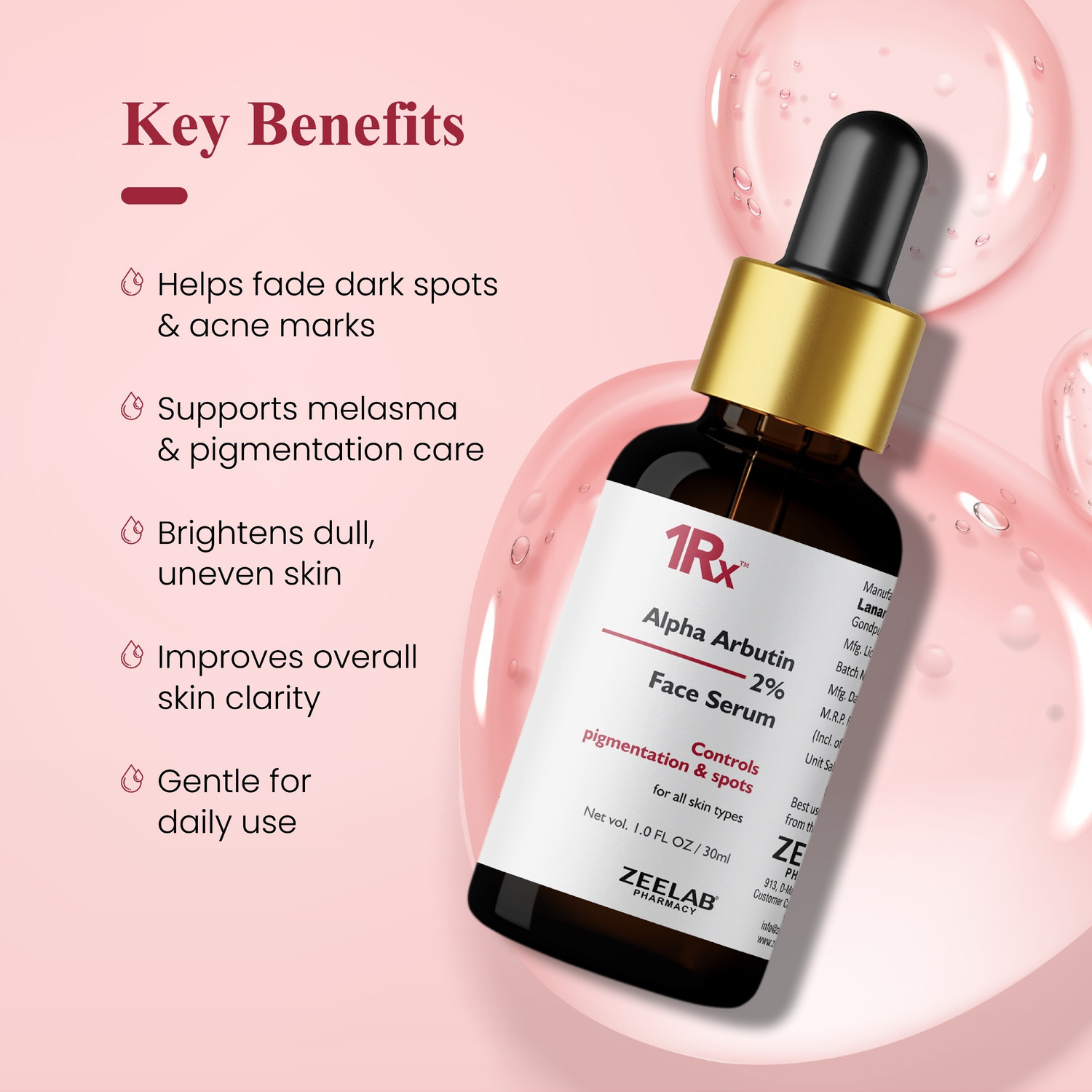 Image of zeelab 1RX Alpha Arbutin 2% Face Serum | Dark Spot Corrector & Skin Brightening Serum
