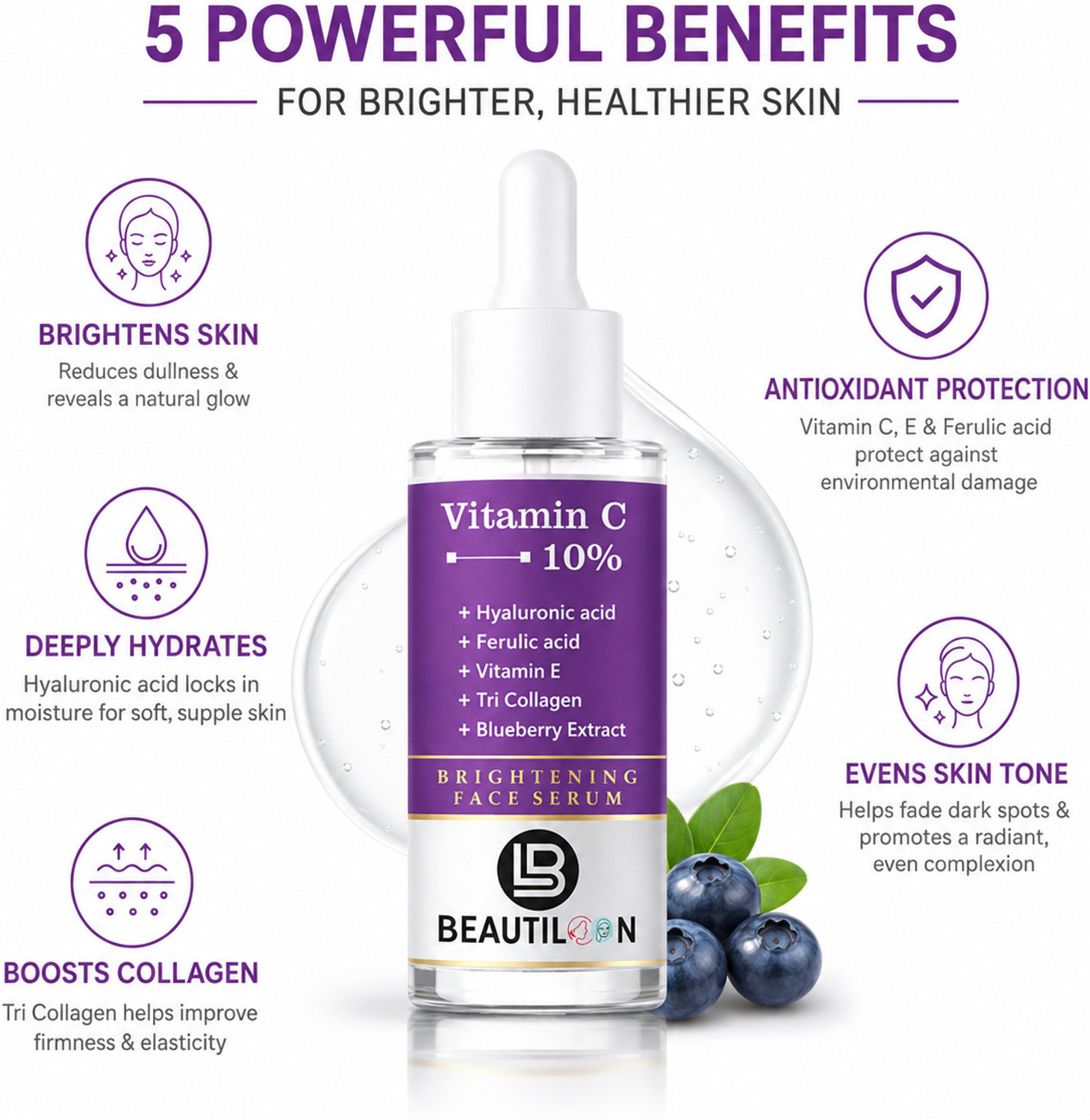 Image of beautiloon Vitamin C Face Serum for Skin Tightening Hydration and Deep Nourishment with Vitamin E Ferulic Acid Tri Collagen Blueberry Extract and Hyaluronic Acid for Natural Face Glow