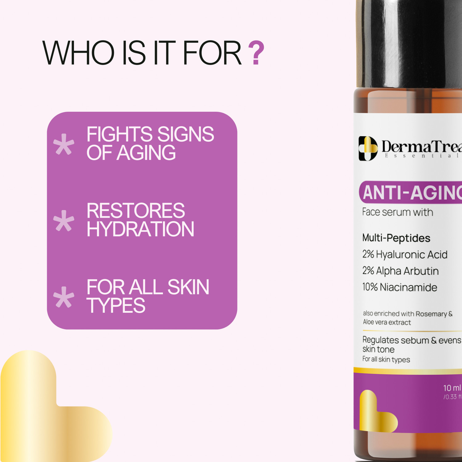 Image of DermaTreat Essentials Anti-Aging Face Serum with 2% Hyaluronic, 2% Alpha Arbutin, 10% Niacinamide Acid & Peptides For Wrinkles, Glow & Elasticity