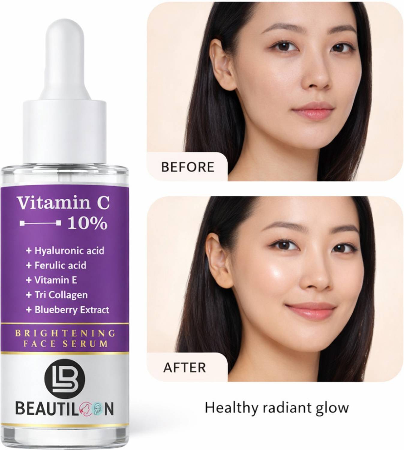beautiloon Vitamin C Serum 10% Glow Booster for Skin Radiance with Hyaluronic Acid Vitamin E