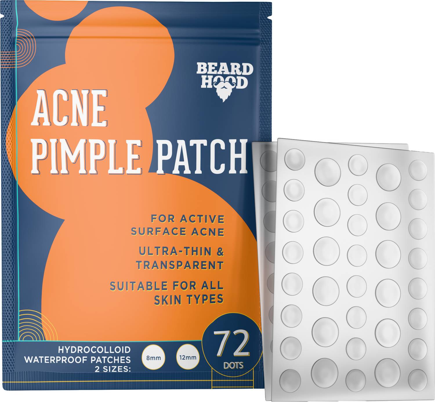 BEARDHOOD Acne Pimple Patch | 72 Hydrocolloid Waterproof Patches | For Active Surface Acne