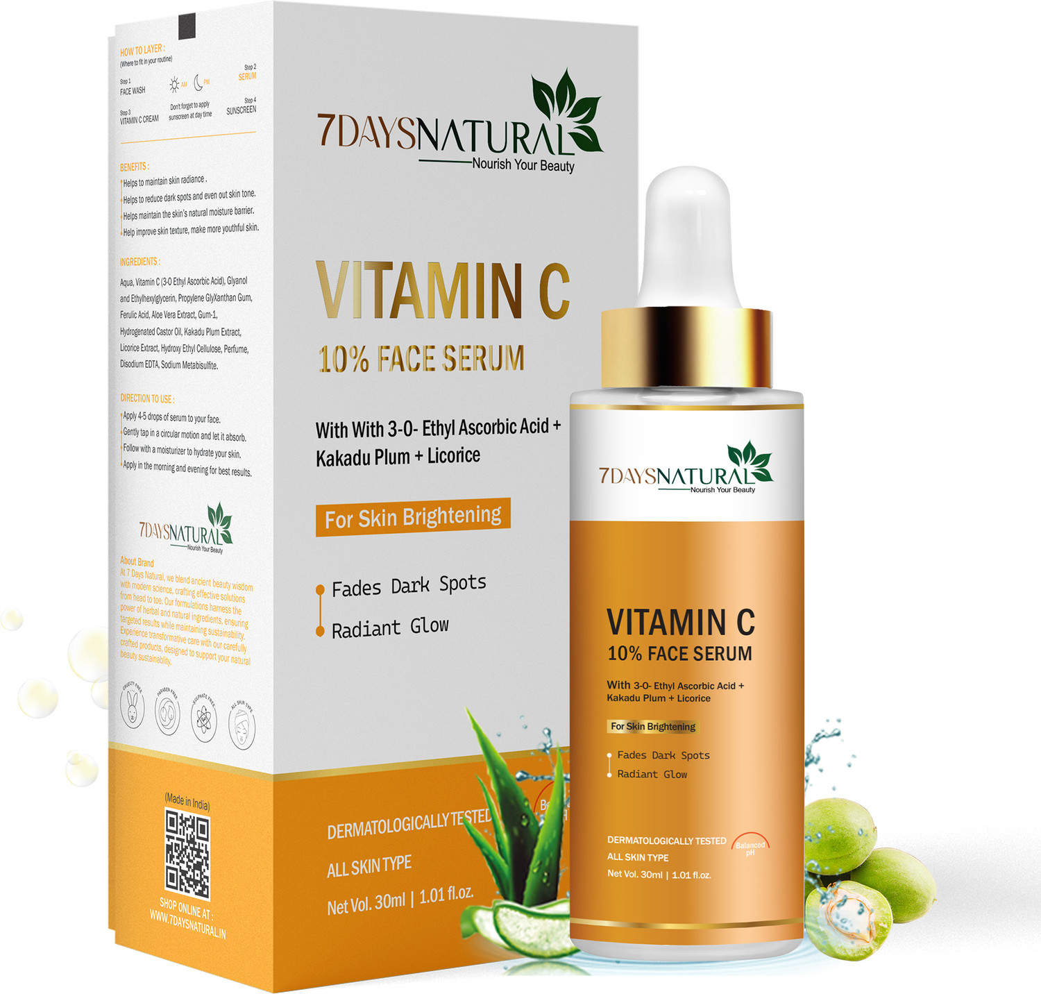 Image of 7days natural Vitamin C Face Serum 10% with Kakadu Plum & Liquorice for Face Brightenig, Reduce Dark Spots| Suitable for All Skin Types