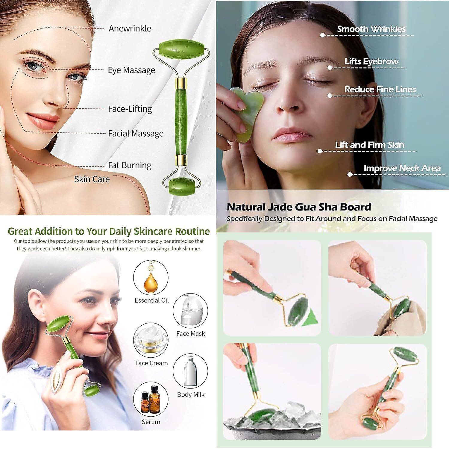 MORVIKA Jade Rollerwith Gua Sha Stone | Ice Roller For Face Women Skin | Hair Scalp Massager, Soft Shampoo Brush for Hair Growth | Aloe Vera Cool Gel Eye Mask Massager - Image 5