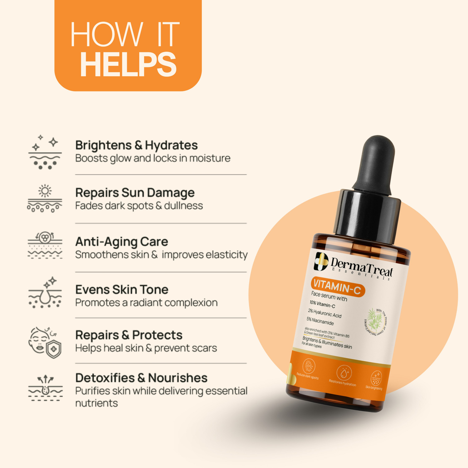 Image of DermaTreat Essentials 10% Vitamin C Face Serum with Niacinamide & Hyaluronic Acid | Reduces Dark Spots & Treats Pigmentation | For Glowing Skin