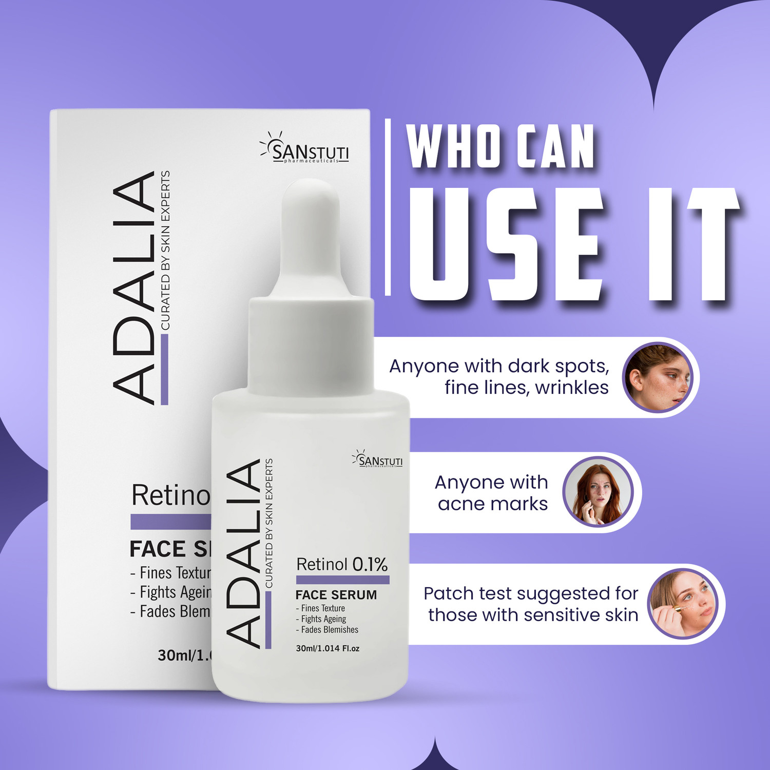 Image of Adalia 0.3% Retinol Face Serum for Fine Lines, Wrinkles & Blemishes | Anti-Aging Night Serum with Skin Refining Formula for Smooth Texture, Youthful Glow & Faded Dark Spots