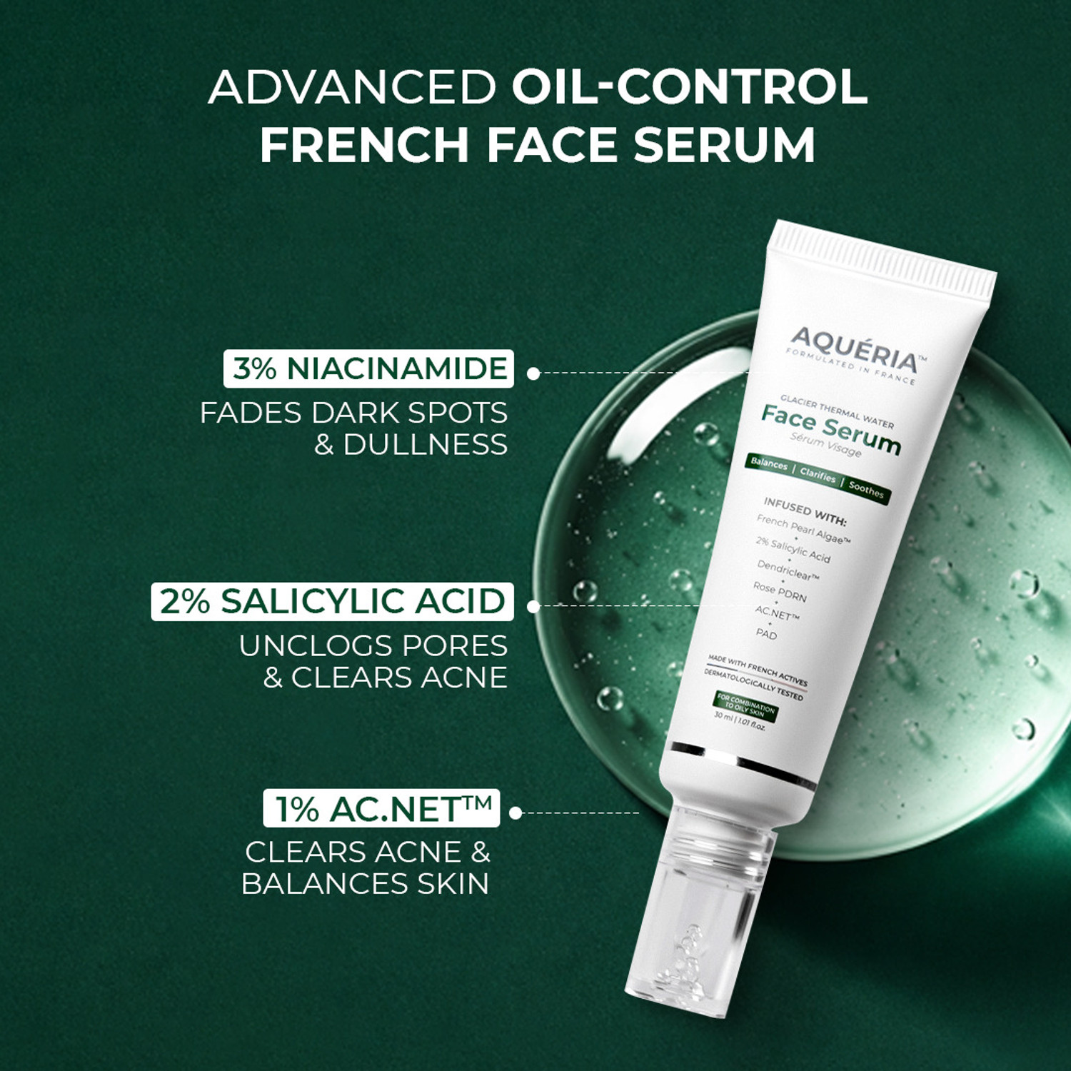 Image of Aqueria 3% Niacinamide Oil Control French Face Serum Reduces Acne & Dark Spots For Oily & Combination Skin