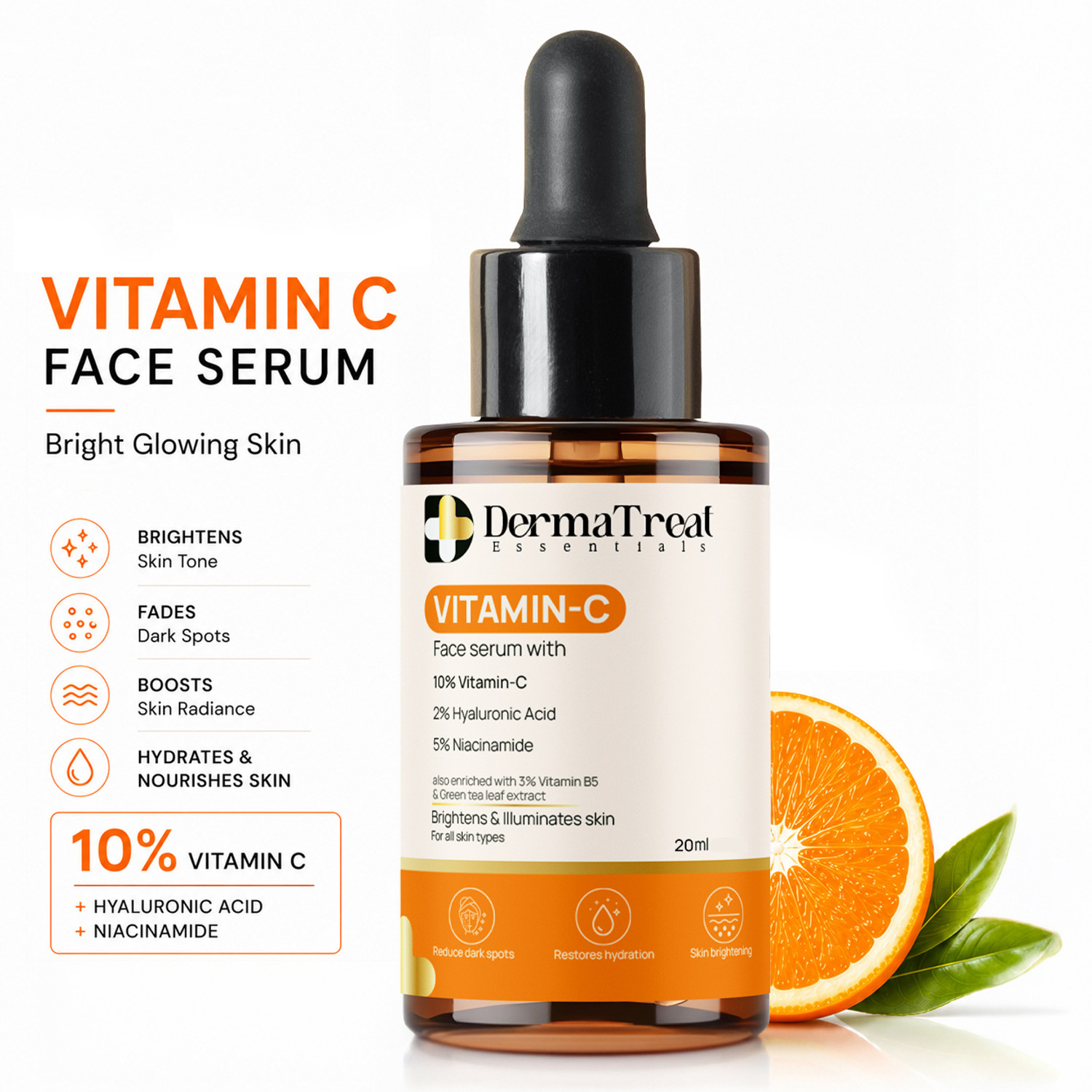 Image of DermaTreat Essentials 10% Vitamin C Face Serum with Niacinamide & Hyaluronic Acid | Reduces Dark Spots & Treats Pigmentation | For Glowing Skin