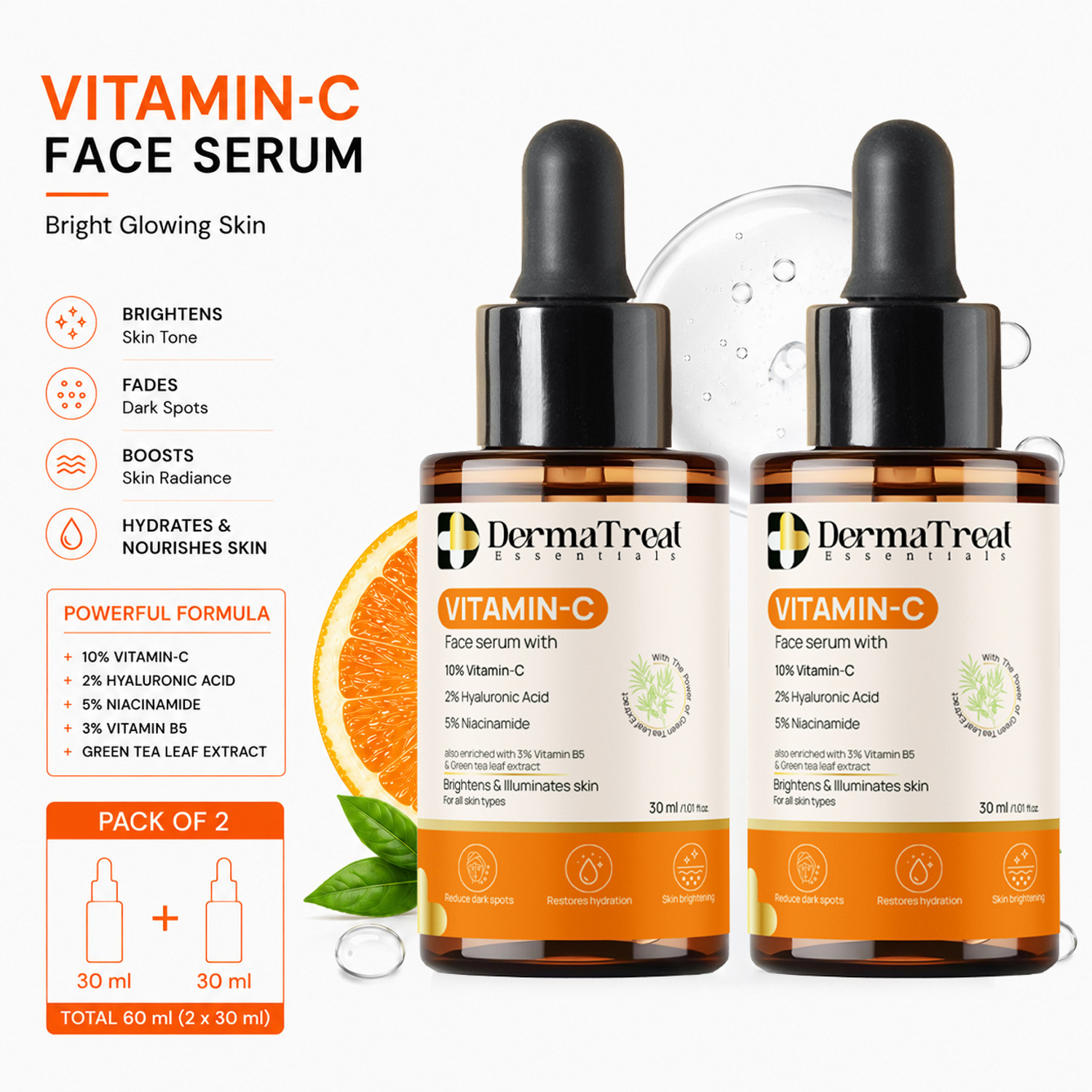 Image of DermaTreat Essentials 10% Vitamin C Face Serum with Niacinamide & Hyaluronic Acid | Reduces Dark Spots & Treats Pigmentation | For Glowing Skin