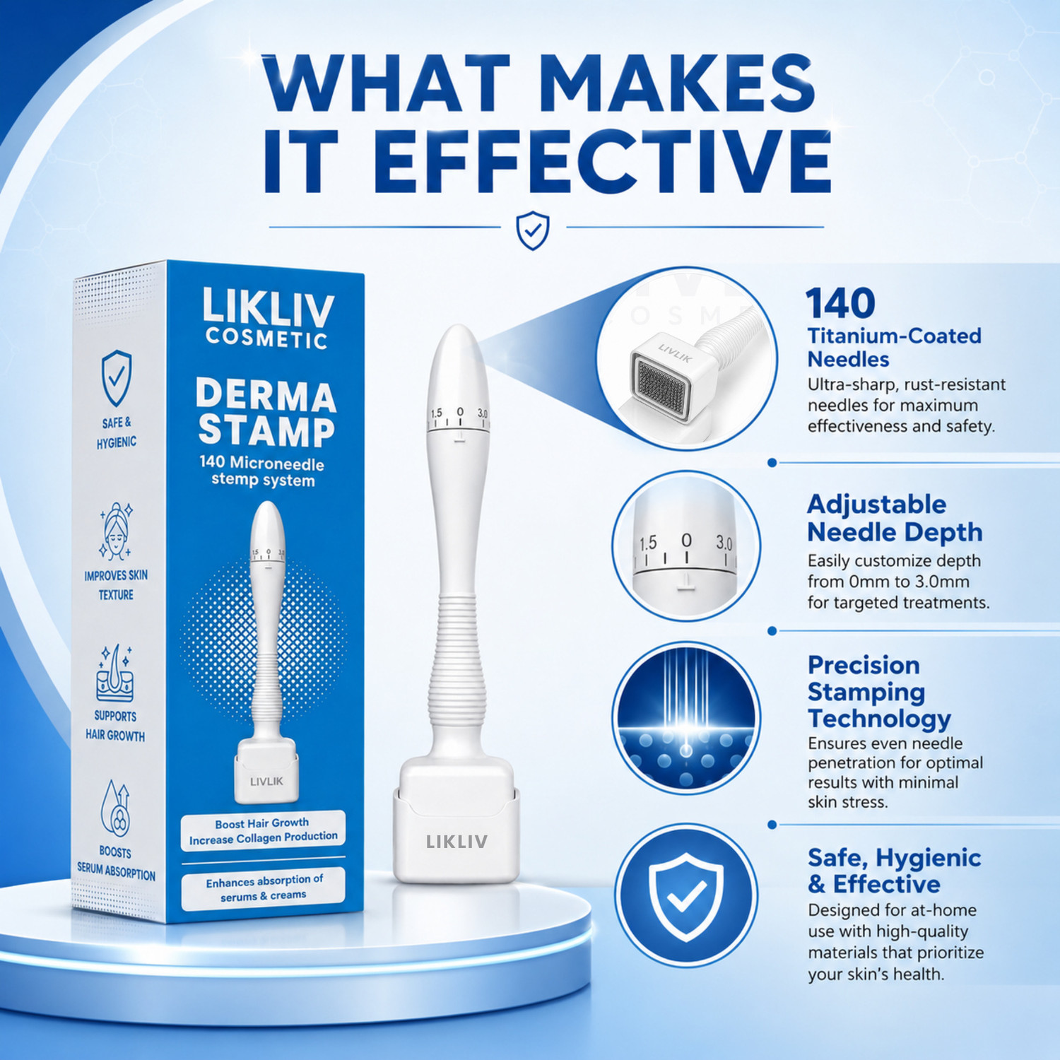 Image of LIKLIV Advance adjustable Derma Stamp 0~3mm 140 Microneedles- for Beard growth, Skin care & Hair