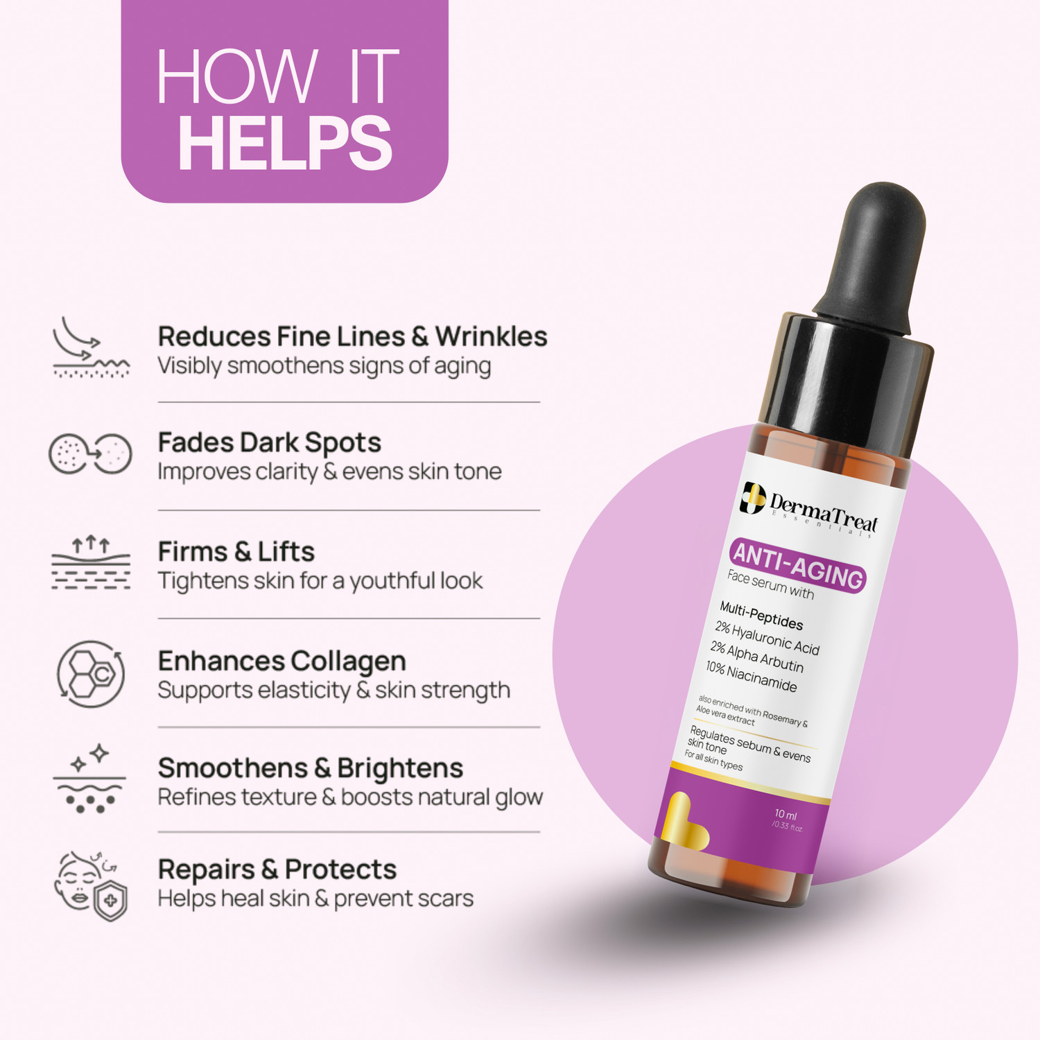 Image of DermaTreat Essentials Anti-Aging Face Serum with 2% Hyaluronic, 2% Alpha Arbutin, 10% Niacinamide Acid & Peptides For Wrinkles, Glow & Elasticity