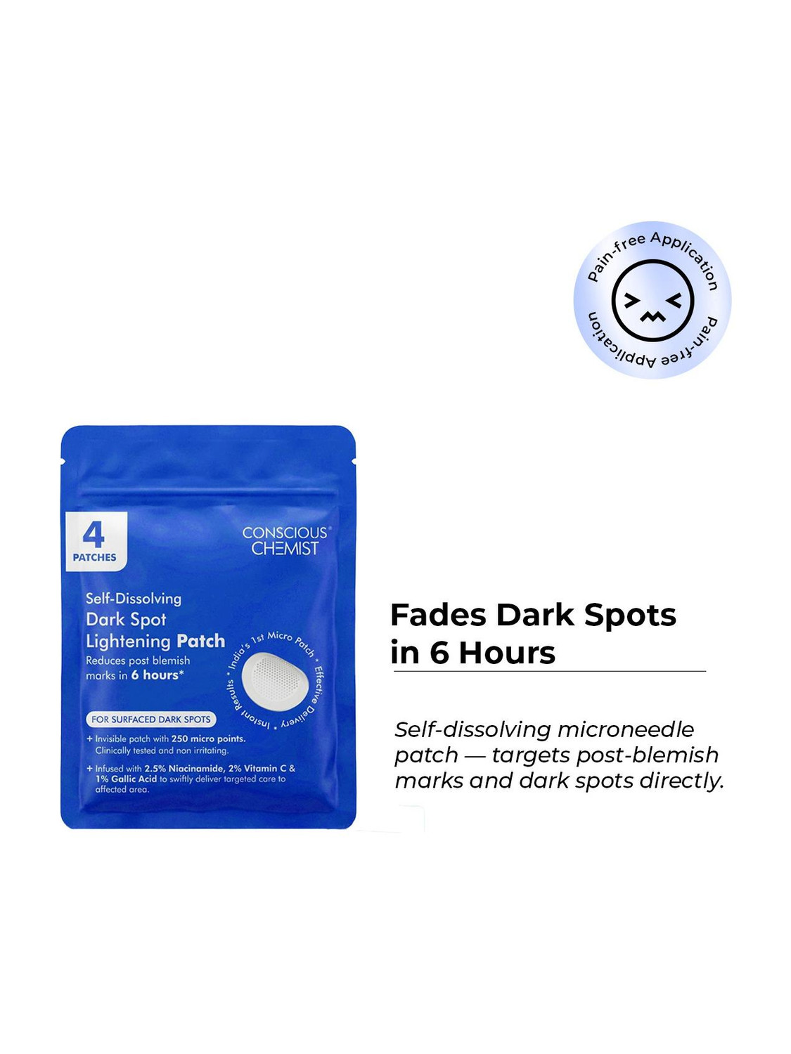 Conscious Chemist Self Dissolving Dark Spot Microneedle Patches with Niacinamide, Gallic Acid & Vitamin C | Targets Hyperpigmentation, Evens Tone, Visible Results in 6 Hours