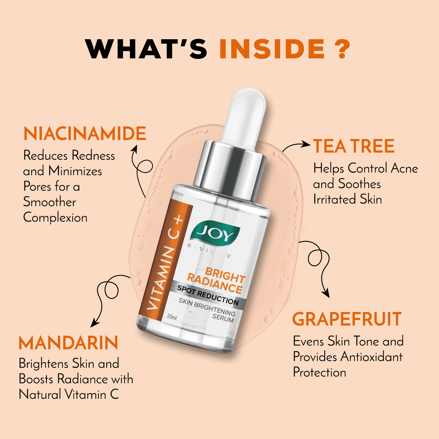 Image of Joy Vitamin C+ Bright Radiance Spot Reduction Skin Brightening Serum | With Niacinamide+Tocopherol | 100% Vegan | Vitamin C Face Serum for Glowing Skin