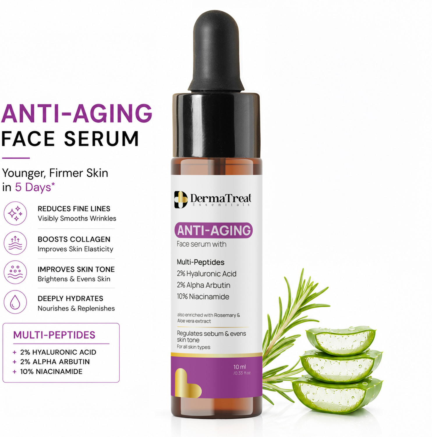 Image of DermaTreat Essentials Anti-Aging Face Serum with 2% Hyaluronic, 2% Alpha Arbutin, 10% Niacinamide Acid & Peptides For Wrinkles, Glow & Elasticity
