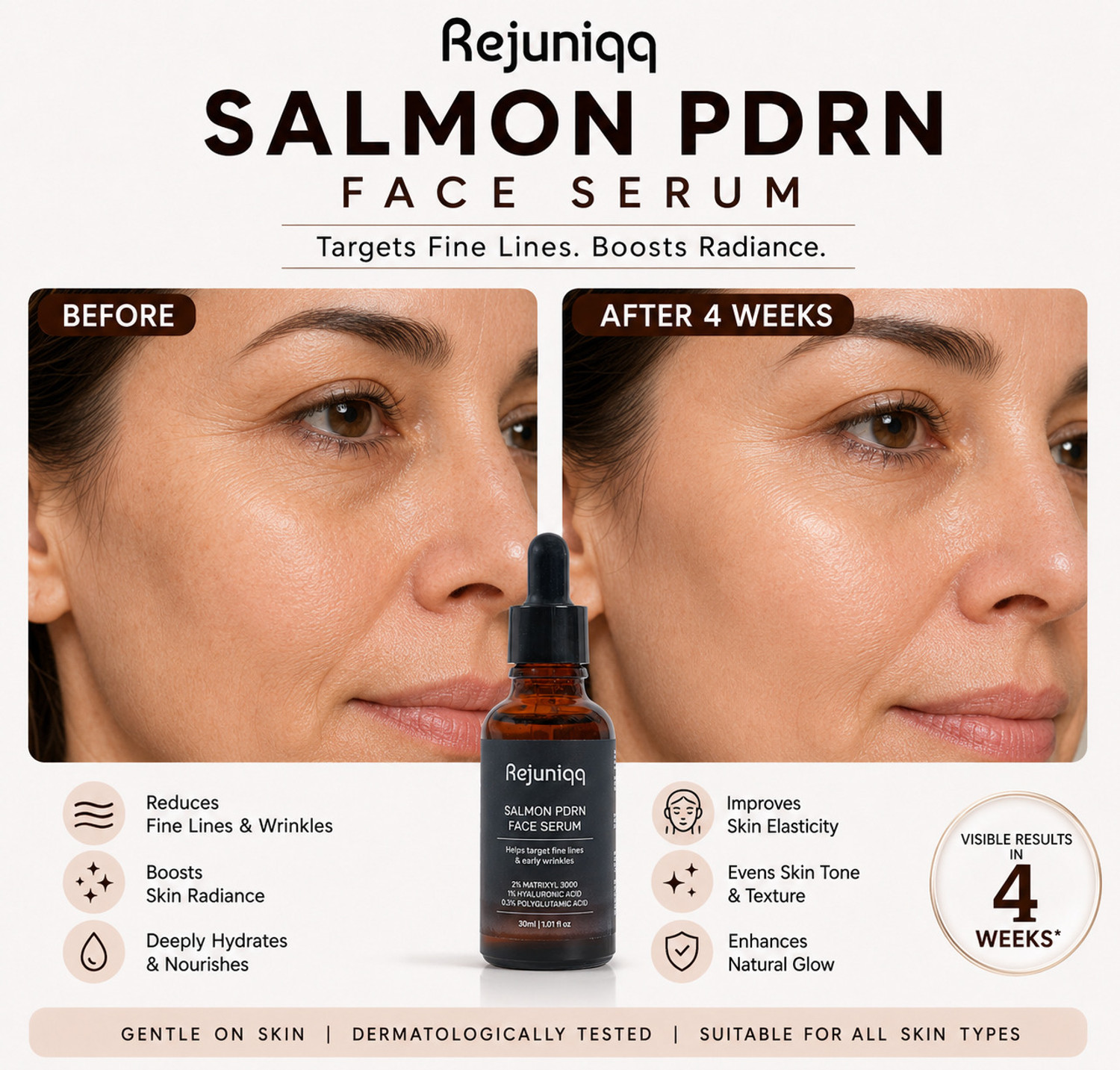 Image of rejuniqq Salmon PDRN Face Serum with Hyaluronic Acid, Niacinamide & Matrixyl 3000 | Anti-Aging, Hydrating & Brightening Serum
