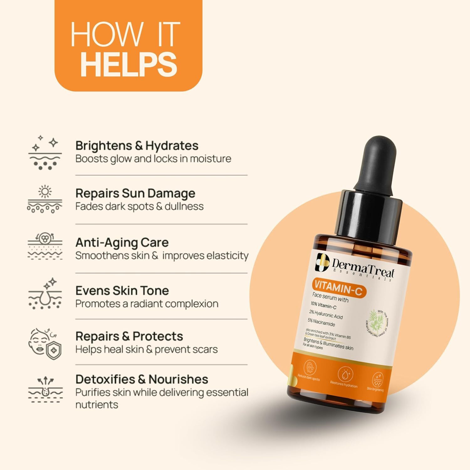 Image of DermaTreat Essentials 10% Vitamin C Face Serum with Niacinamide & Hyaluronic Acid | Reduces Dark Spots & Treats Pigmentation | For Glowing Skin