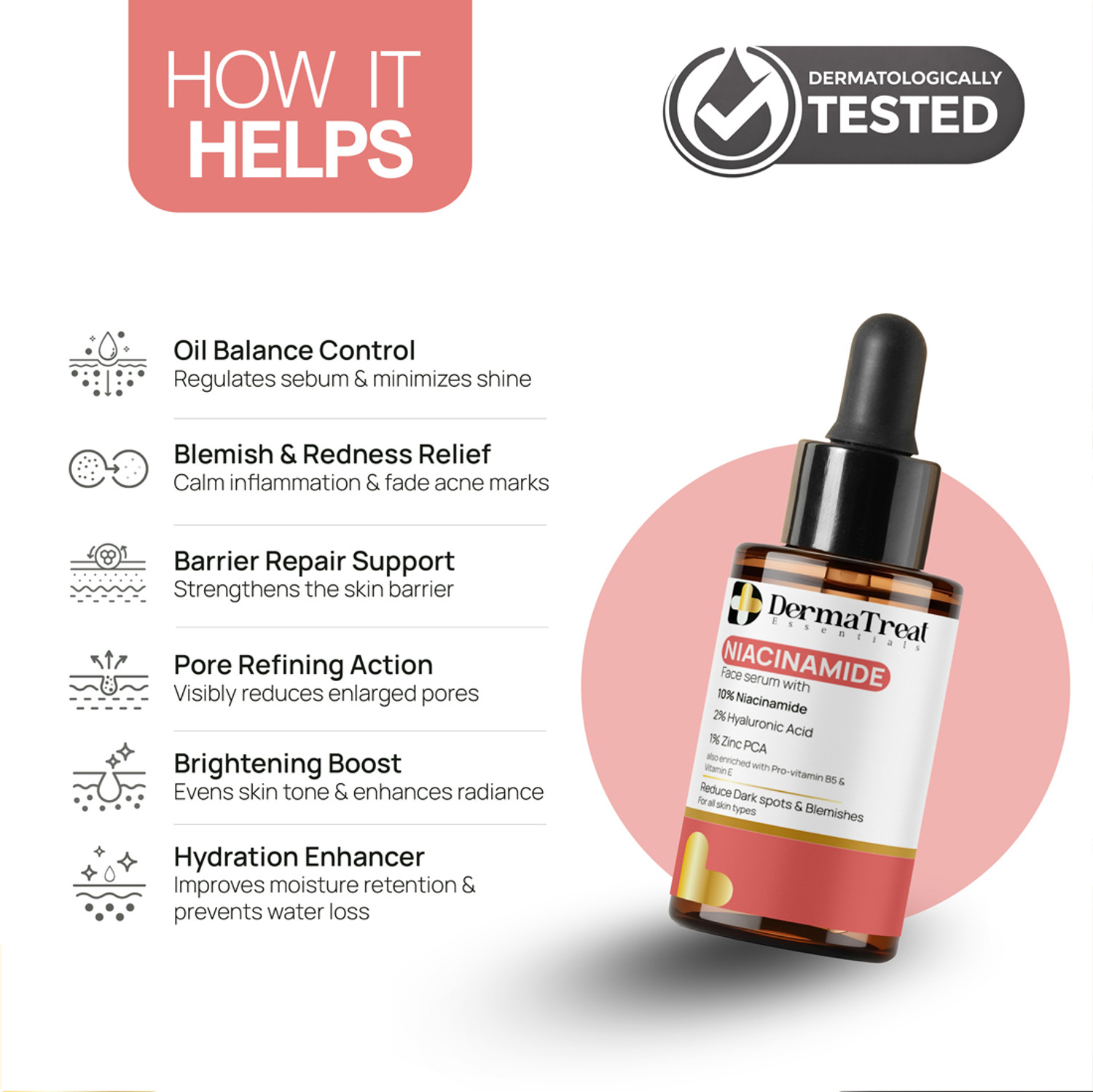 Image of DermaTreat Essentials DermaTreat Essentials Niacinamide Face Serum for Oily & Acne-Prone Skin | Controls Oil, Reduces Acne & Minimizes Pores | Non-Comedogenic, Dermatologically Tested