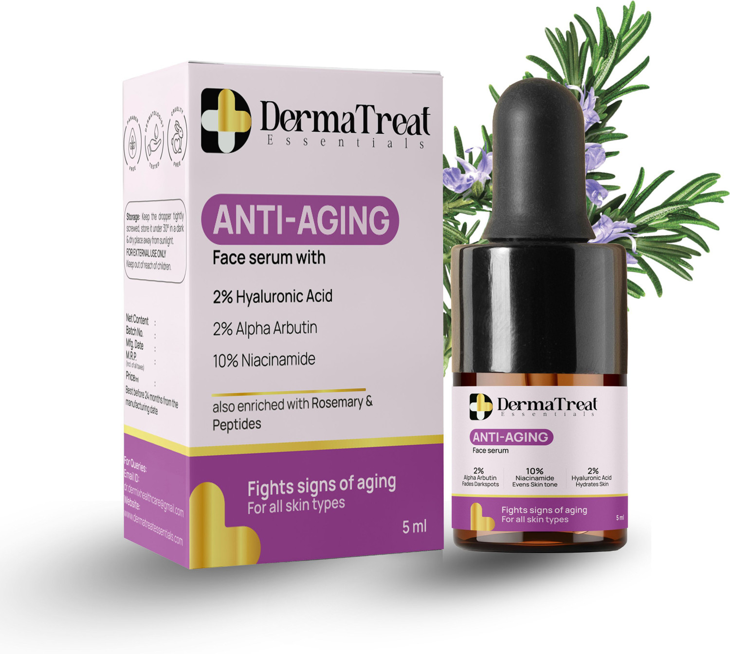 Image of DermaTreat Essentials Anti-Aging Face Serum With 2% Hyaluronic, 2% Alpha Arbutin, 10% Niacinamide Acid & Peptides Improve Appearance Of Dark Spots, Tone, Fine Lines And Wrinkles 5ML