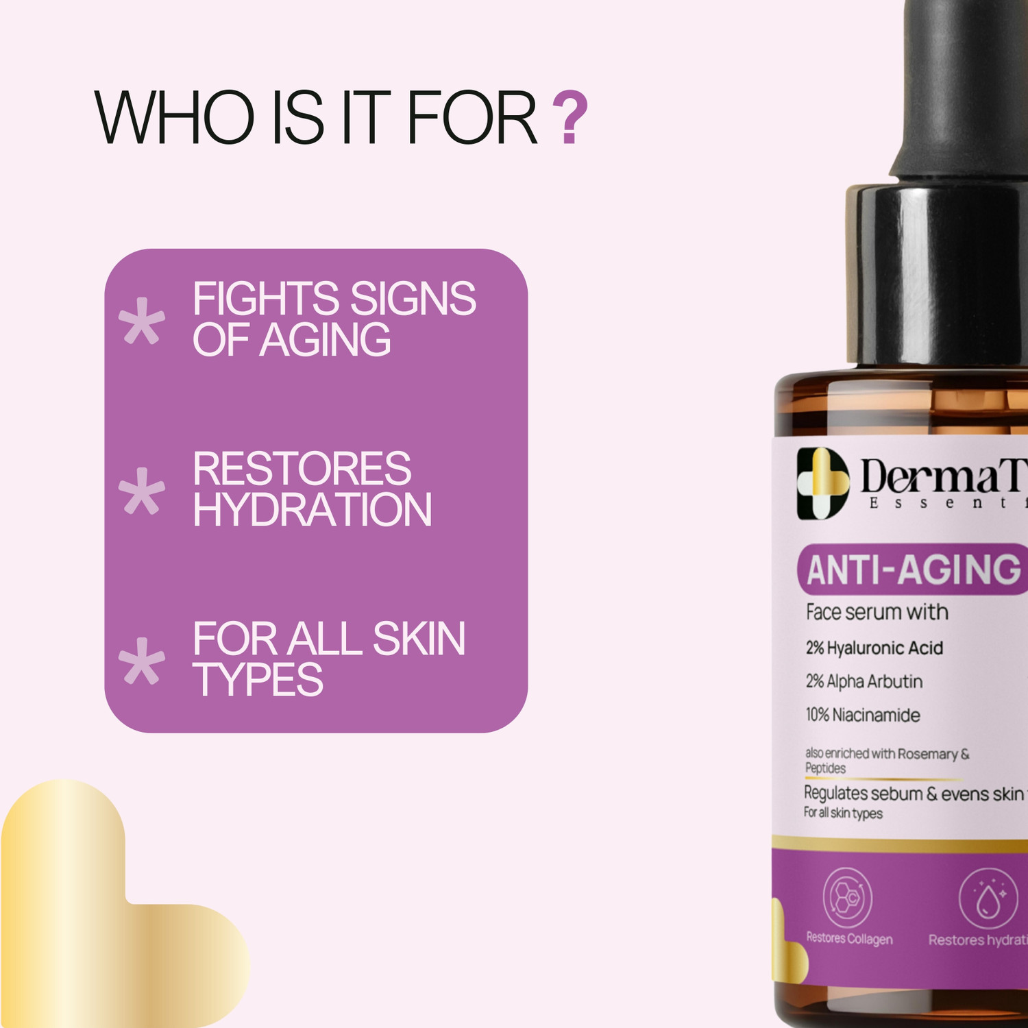Image of DermaTreat Essentials Anti-Aging Face Serum with 2% Hyaluronic, 2% Alpha Arbutin, 10% Niacinamide Acid & Peptides For Wrinkles, Glow & Elasticity